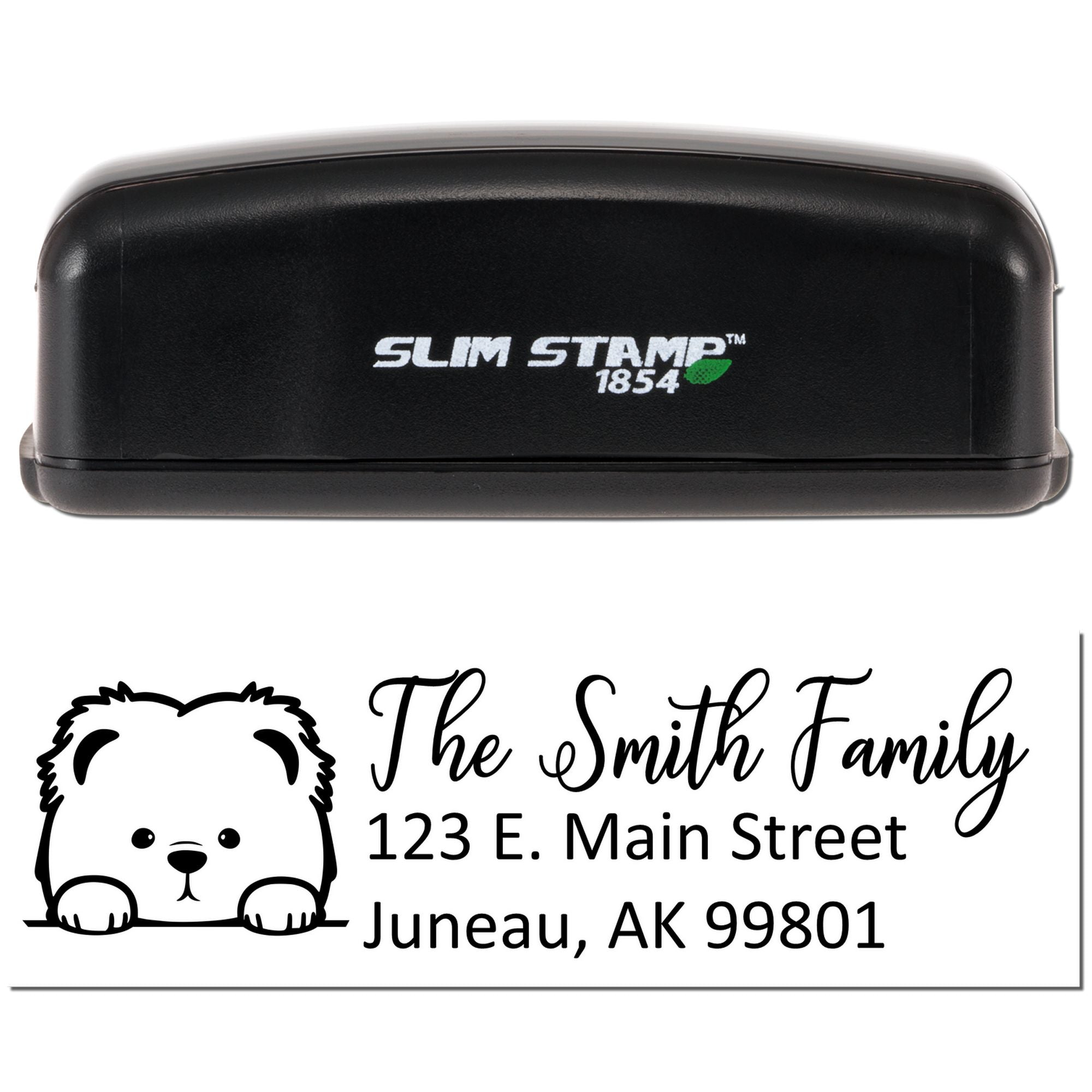 Slim Stamp 1854 custom return address rubber stamp with bear logo, Smith Family name, and Juneau, AK address.