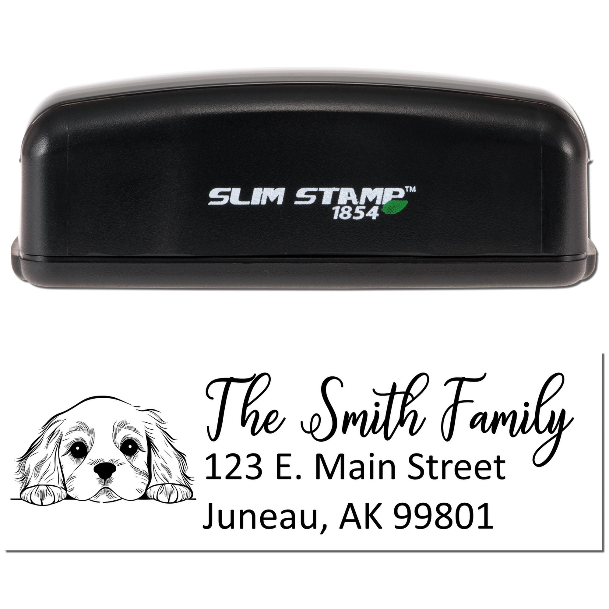 Custom self-inking rubber stamp for The Smith Family address with dog illustration