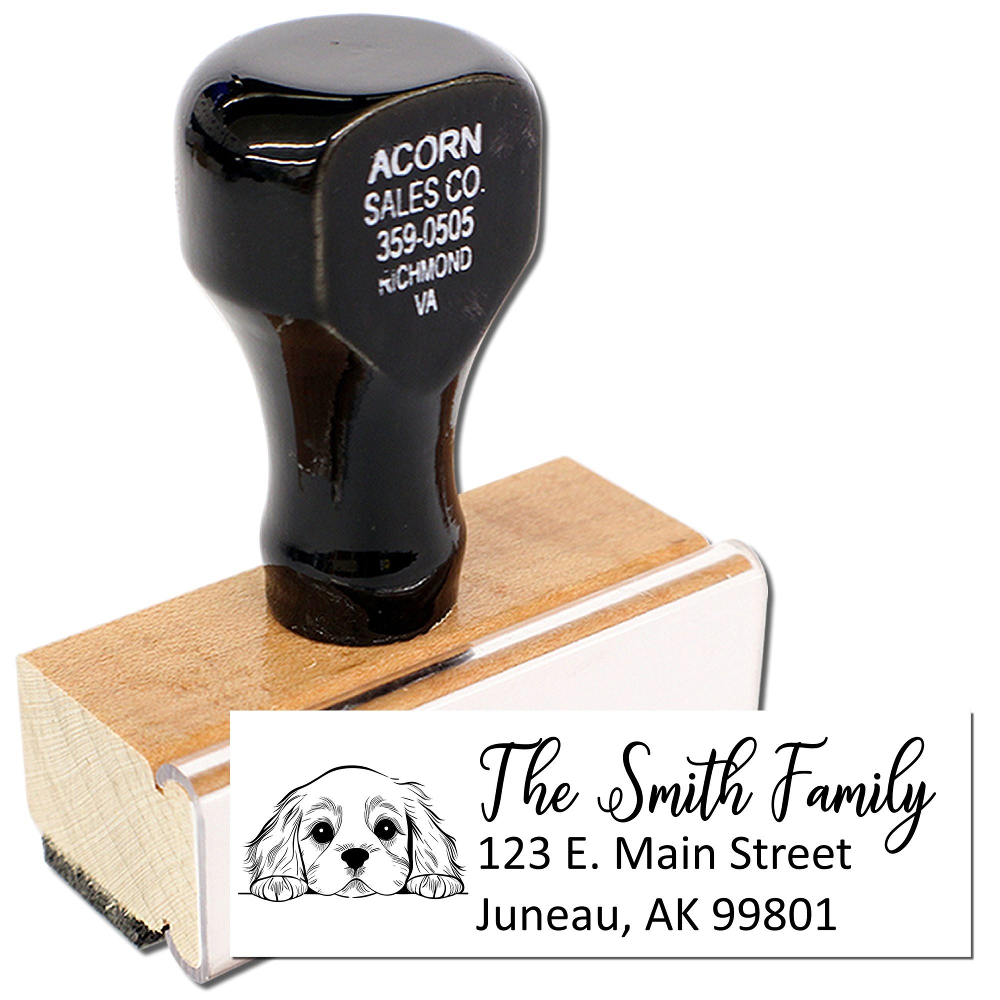 Custom wooden rubber address stamp with dog illustration and The Smith Family Juneau, AK return address