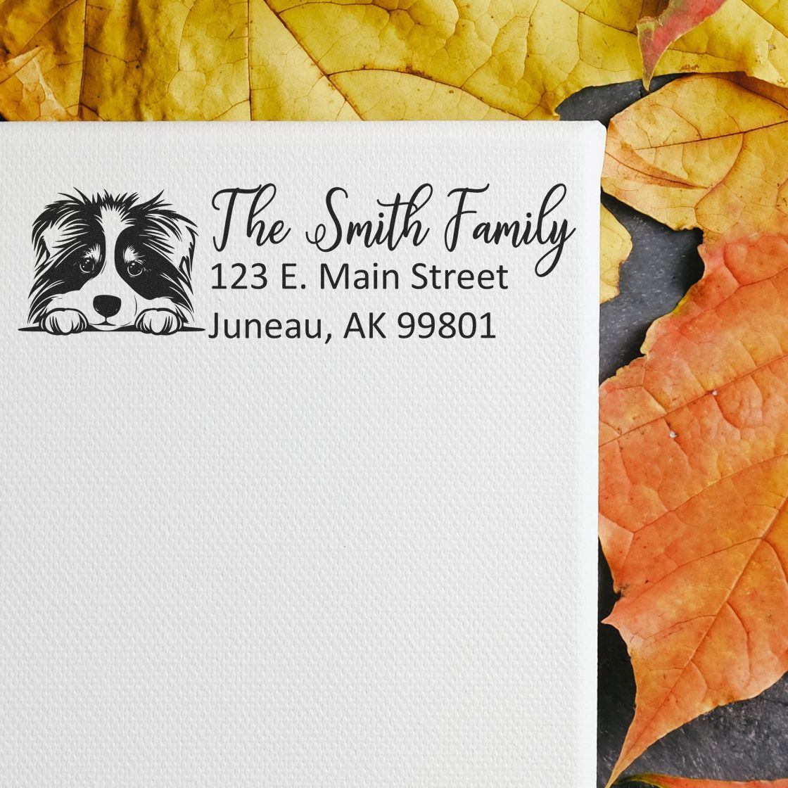 Custom return address rubber stamp with dog illustration, The Smith Family, 123 E. Main Street, Juneau AK 99801.