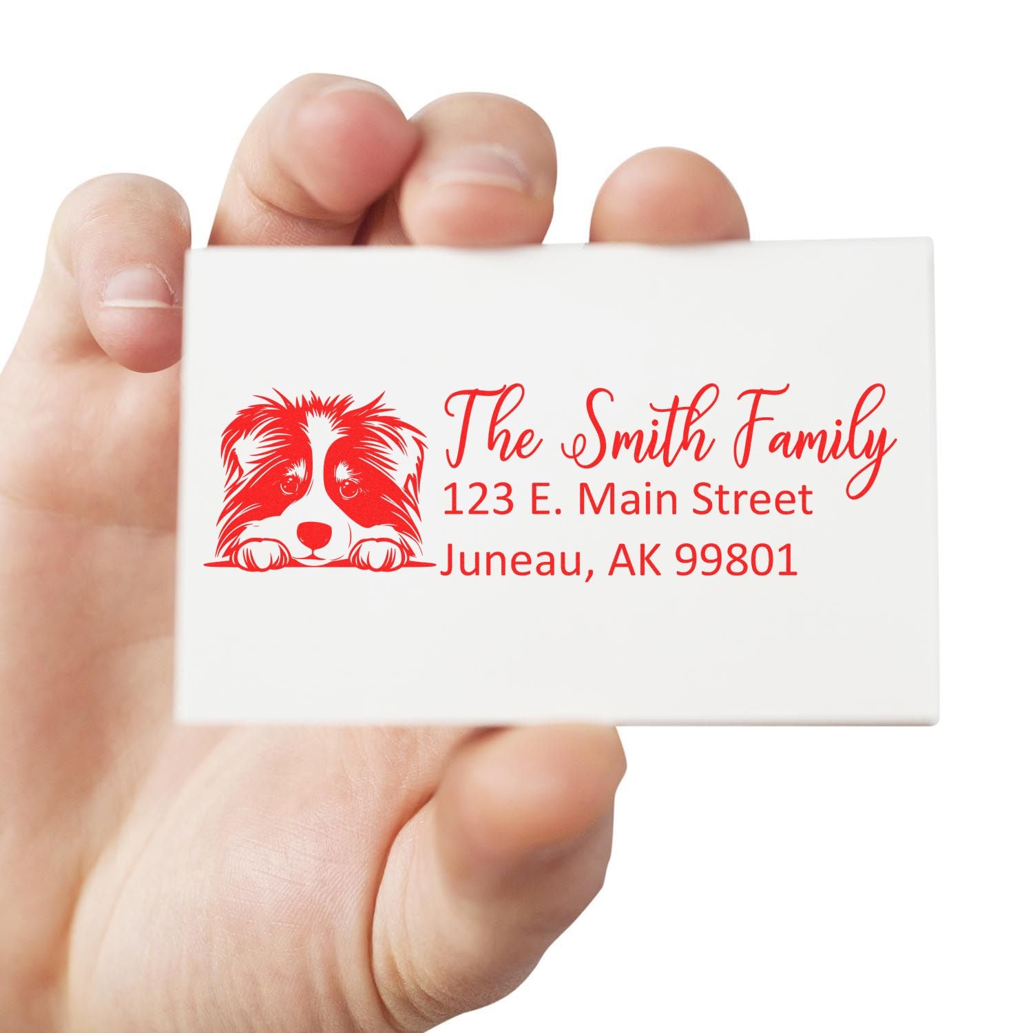 Personalized dog address rubber stamp for The Smith Family, 123 E. Main Street, Juneau, AK 99801