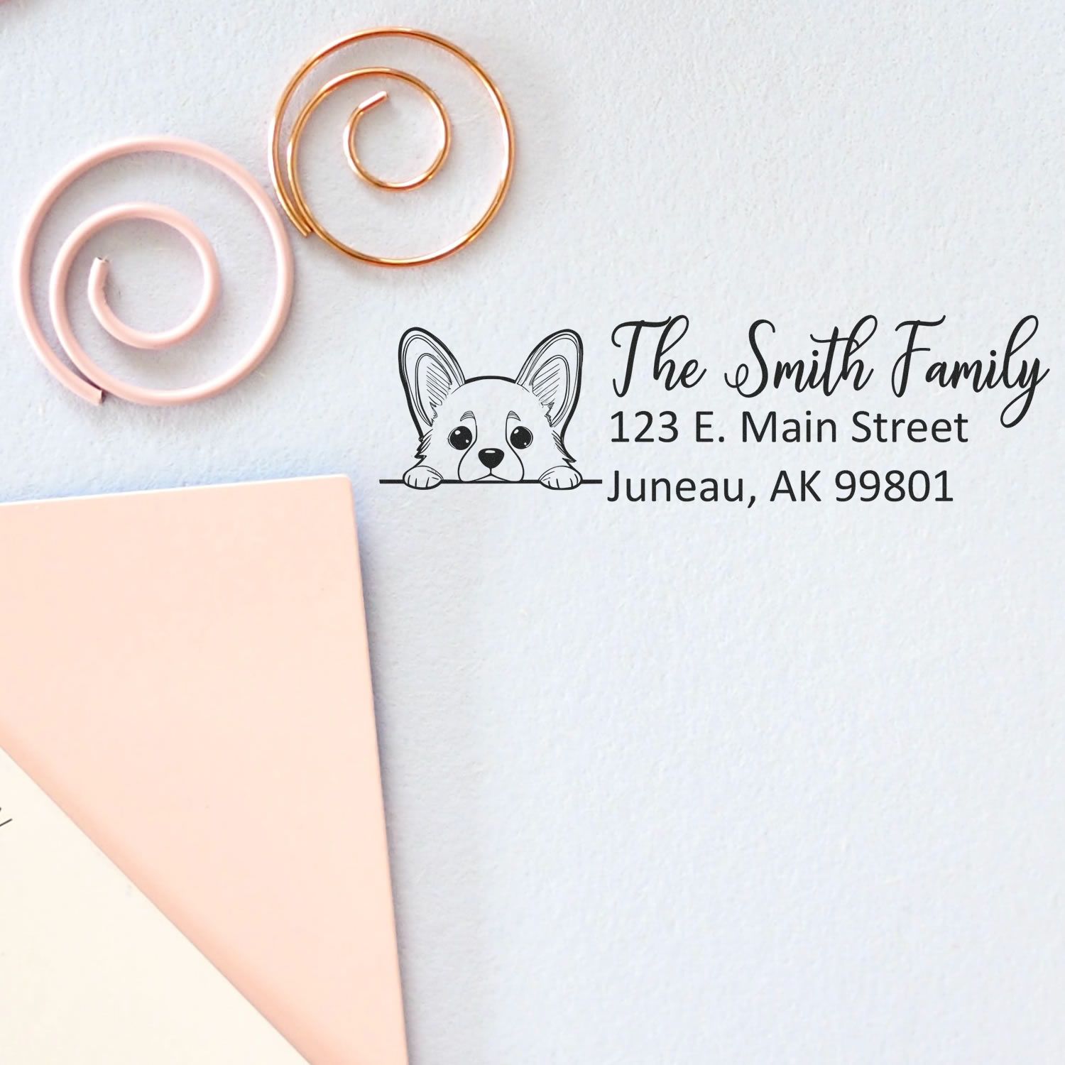 Custom return address rubber stamp with dog illustration for The Smith Family, Juneau, AK