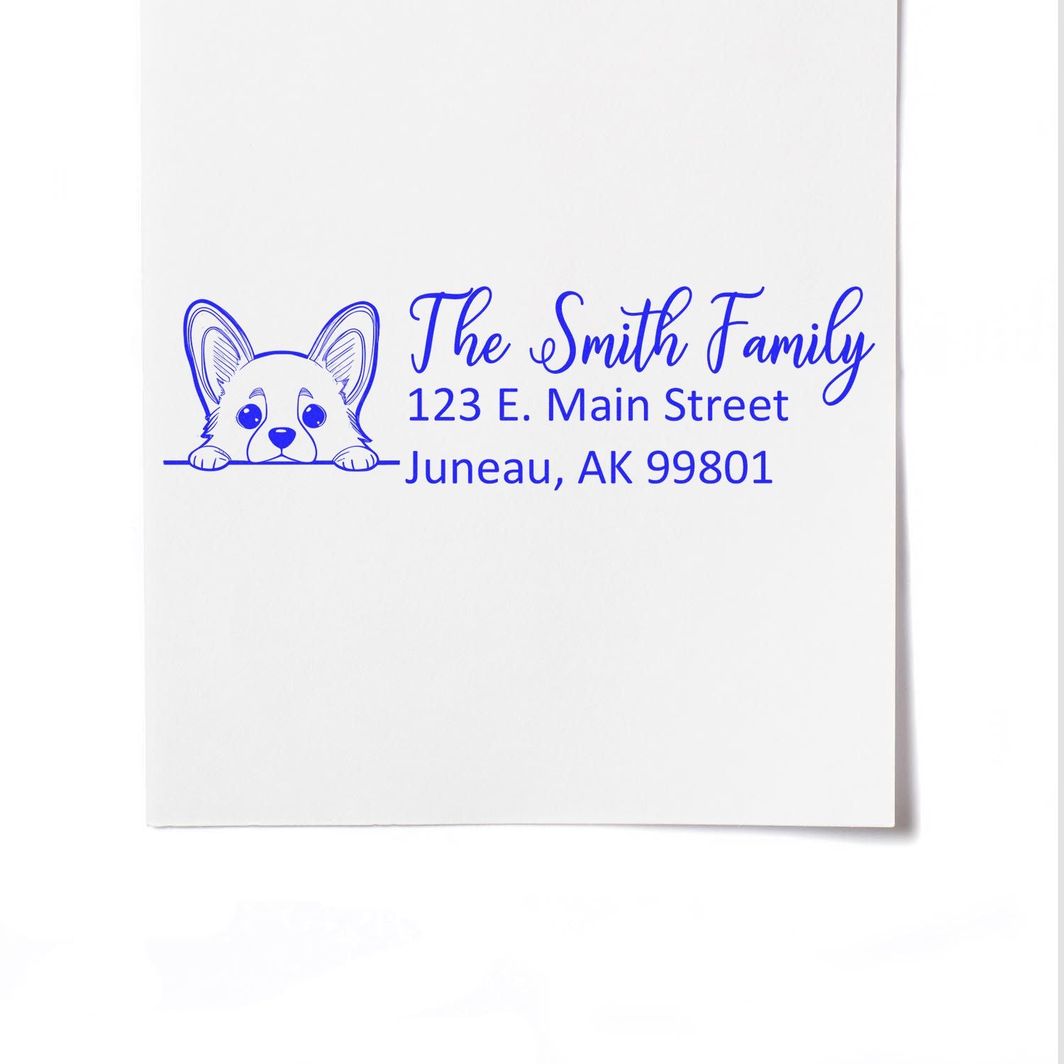Custom pet-themed return address rubber stamp with dog design, The Smith Family, Juneau, AK 99801