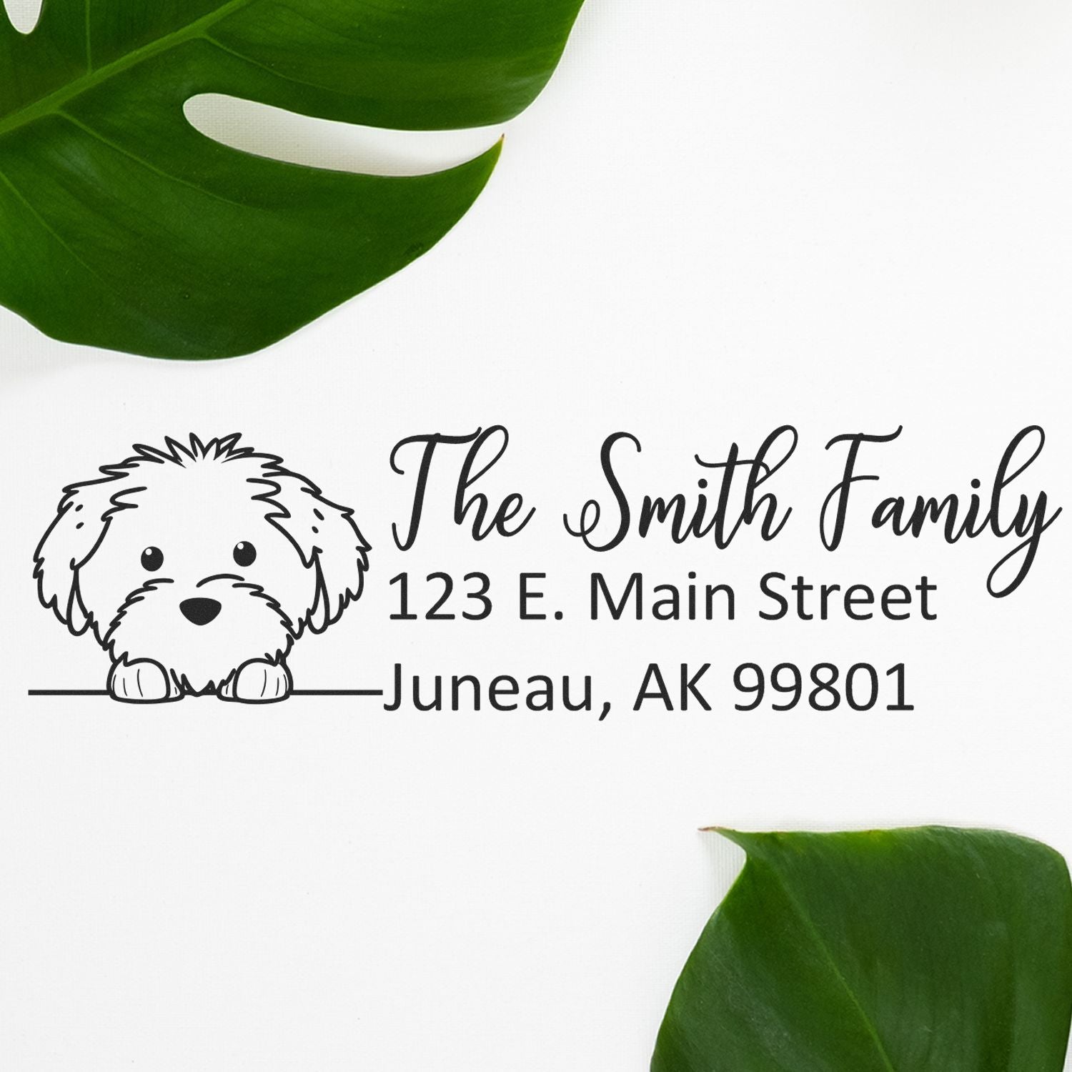 Personalized dog return address rubber stamp for The Smith Family, Juneau AK 99801