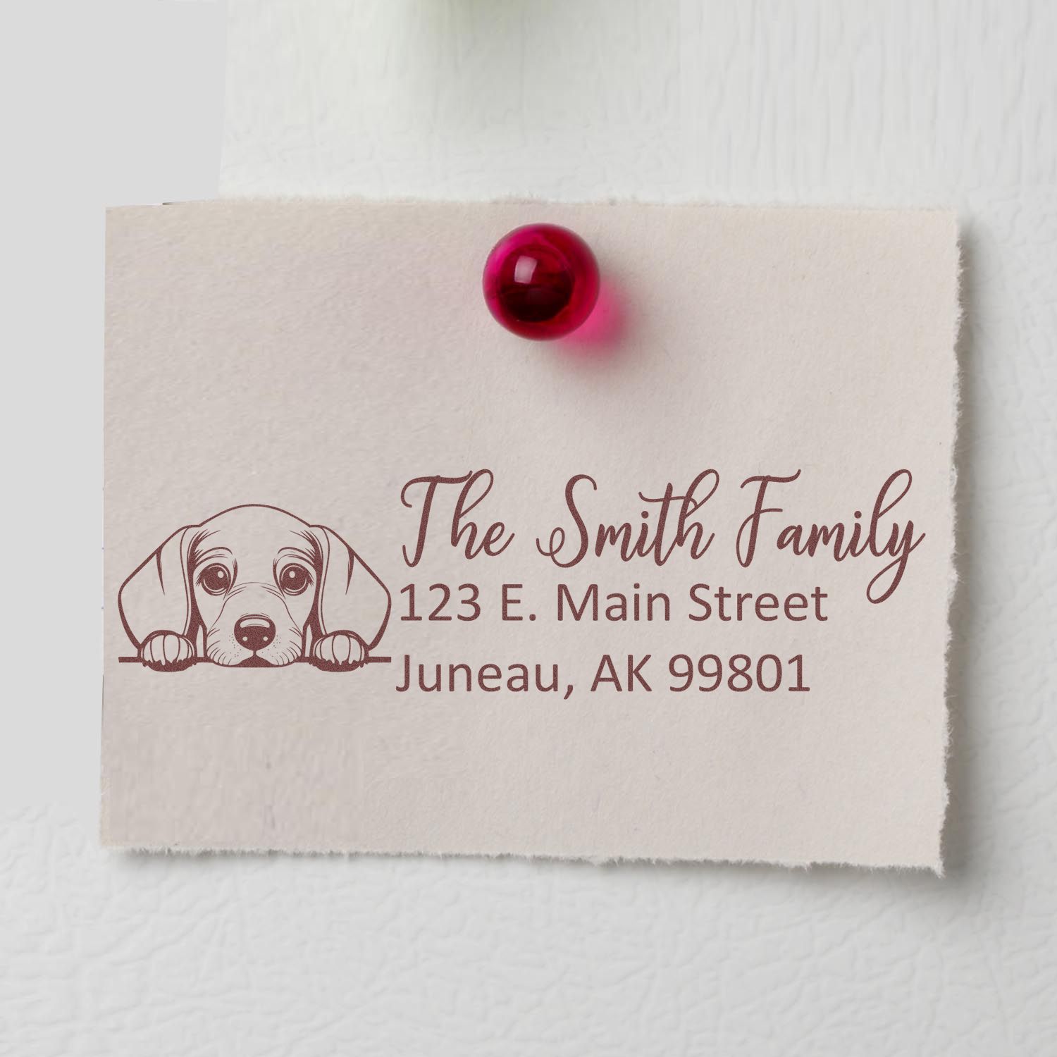 Custom dog address rubber stamp for The Smith Family, featuring personalized return address in Juneau, AK.