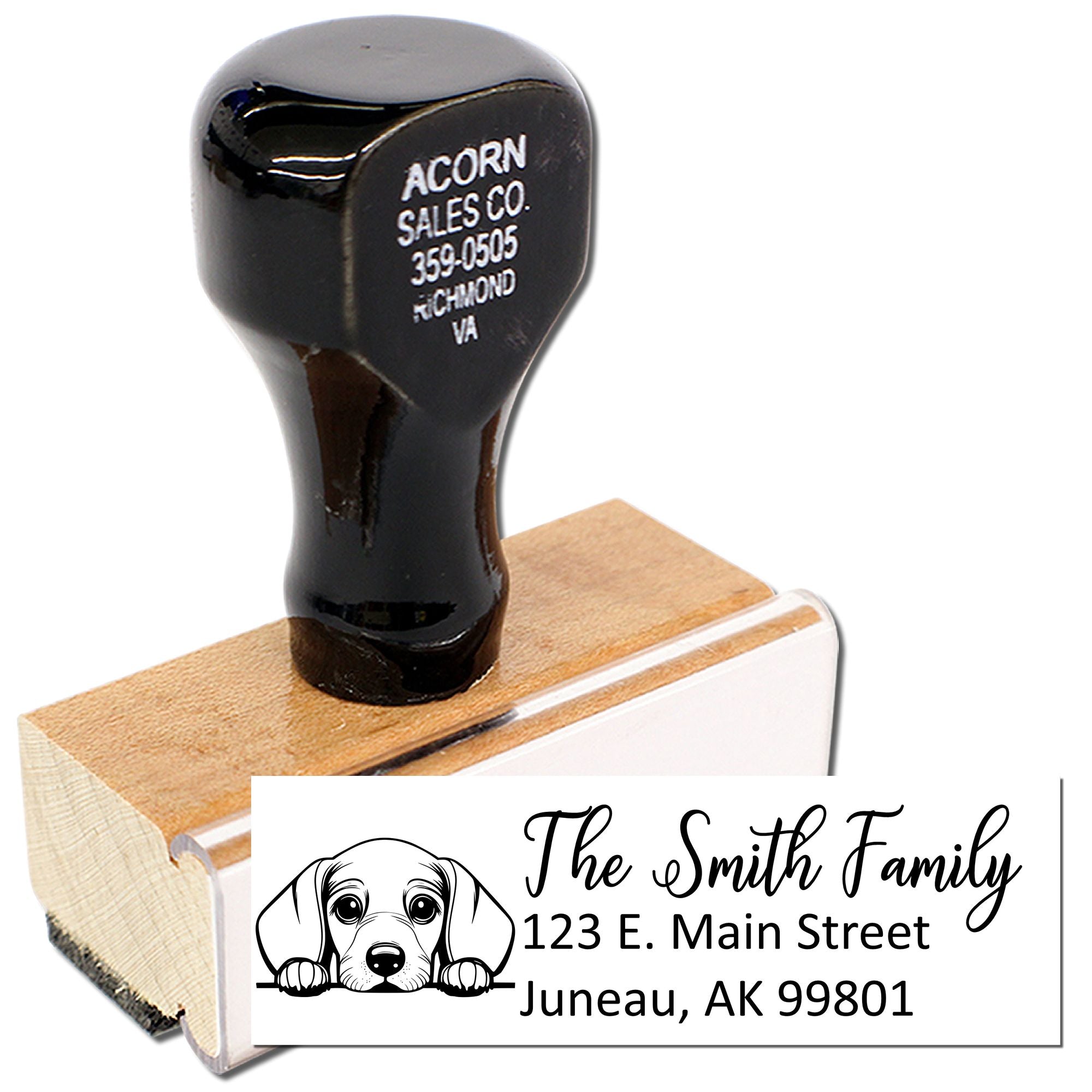 Custom dog address rubber stamp for personalized family mailing labels and envelopes.