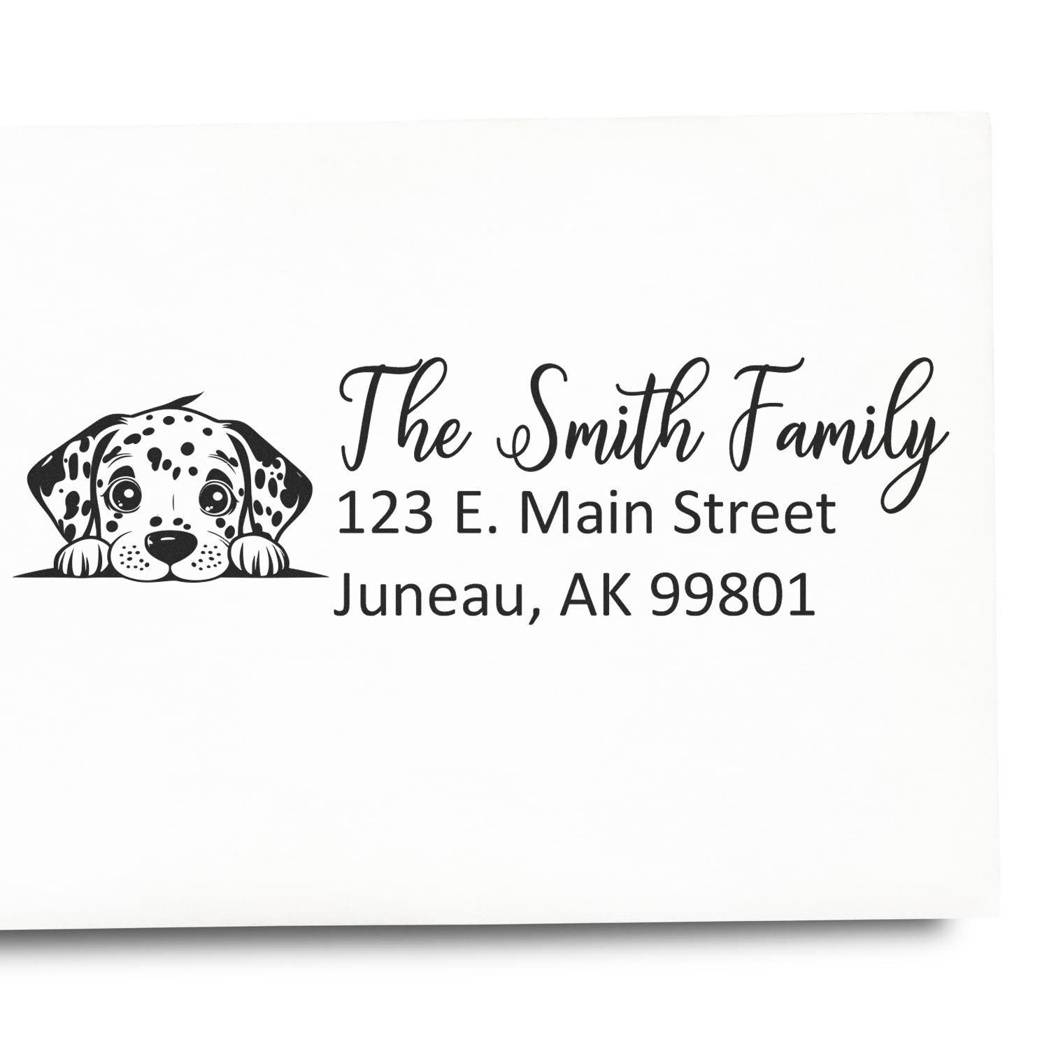 Custom dog address stamp for The Smith Family with Dalmatian design and Juneau, AK return address.