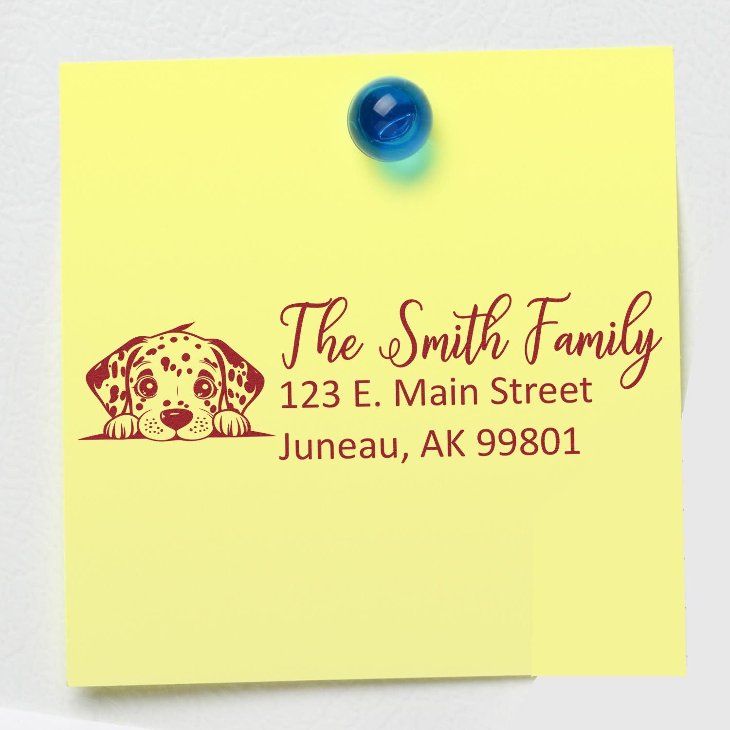 Custom return address rubber stamp with Dalmatian dog icon, The Smith Family, 123 E. Main Street, Juneau, AK 99801.
