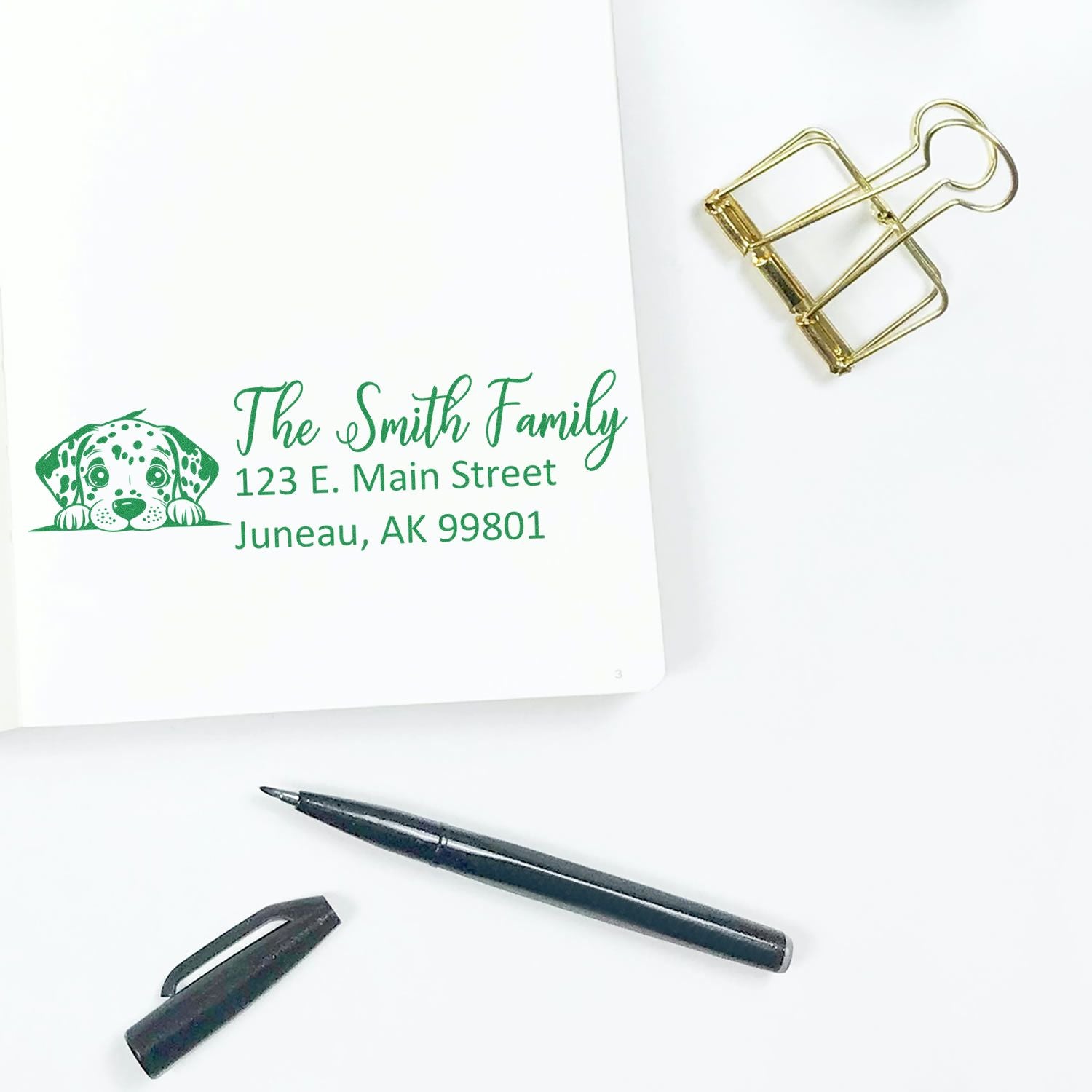Personalized rubber address stamp with dog logo for family stationery, envelopes, and return mail