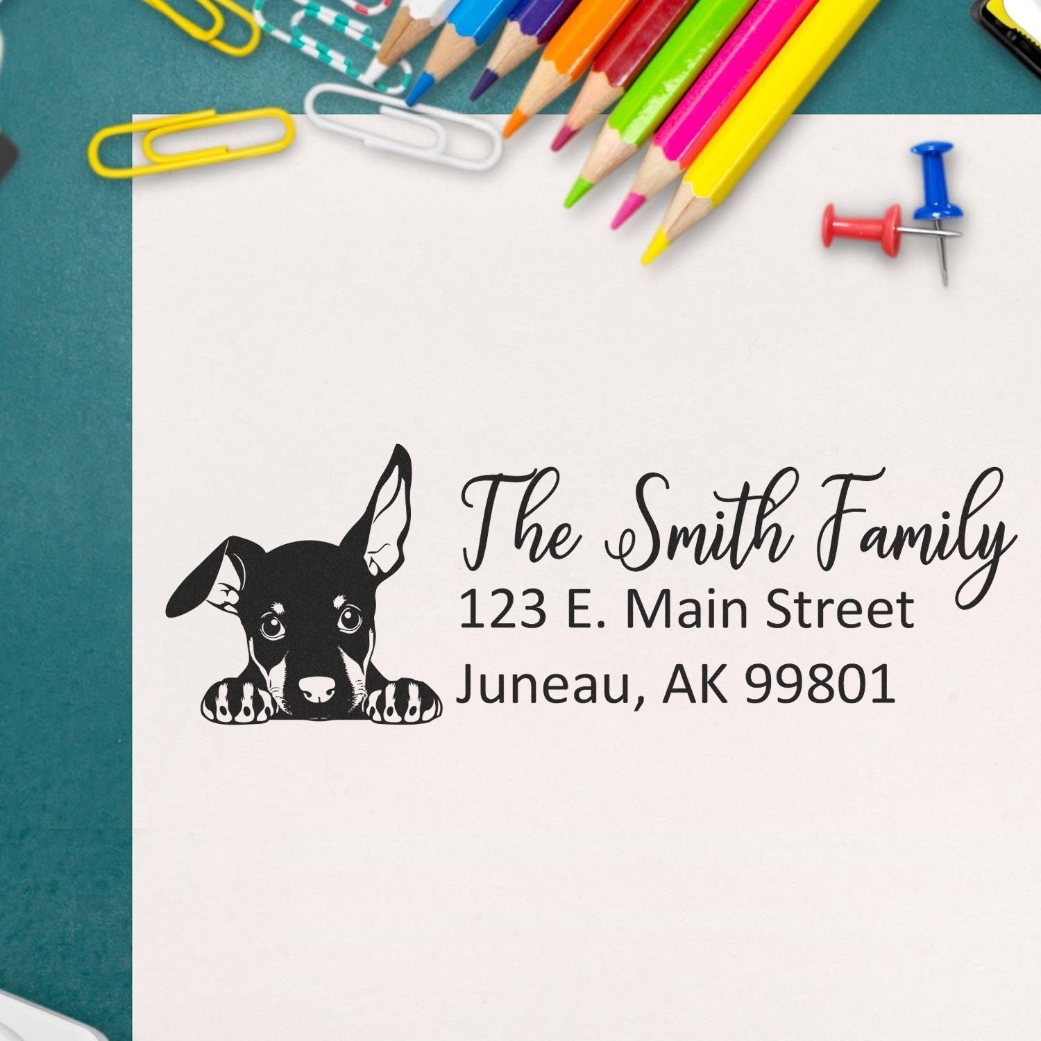 Personalized dog return address rubber stamp for The Smith Family, featuring name and mailing address.