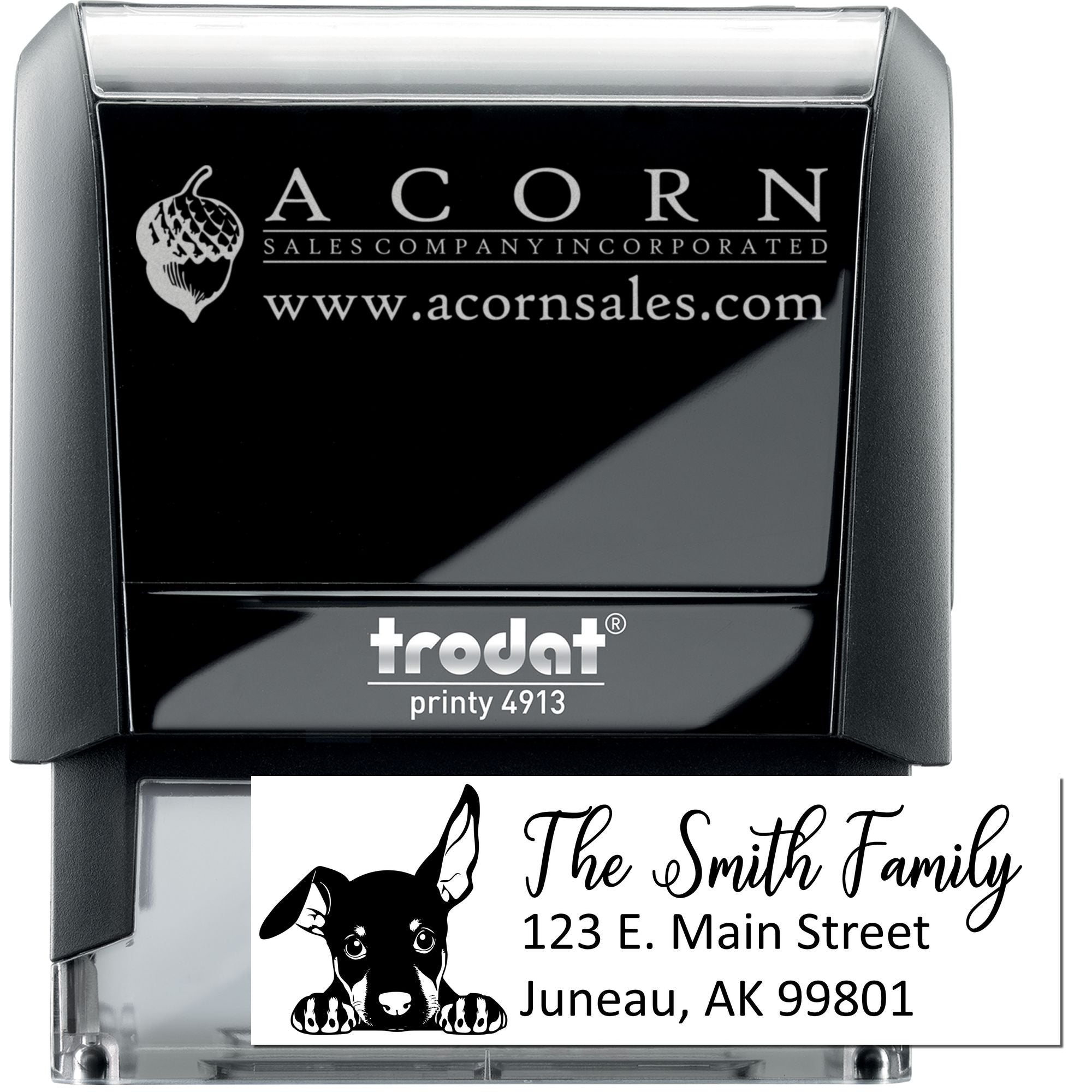 Trodat self-inking rubber stamp for custom business logos and personalized address imprint.