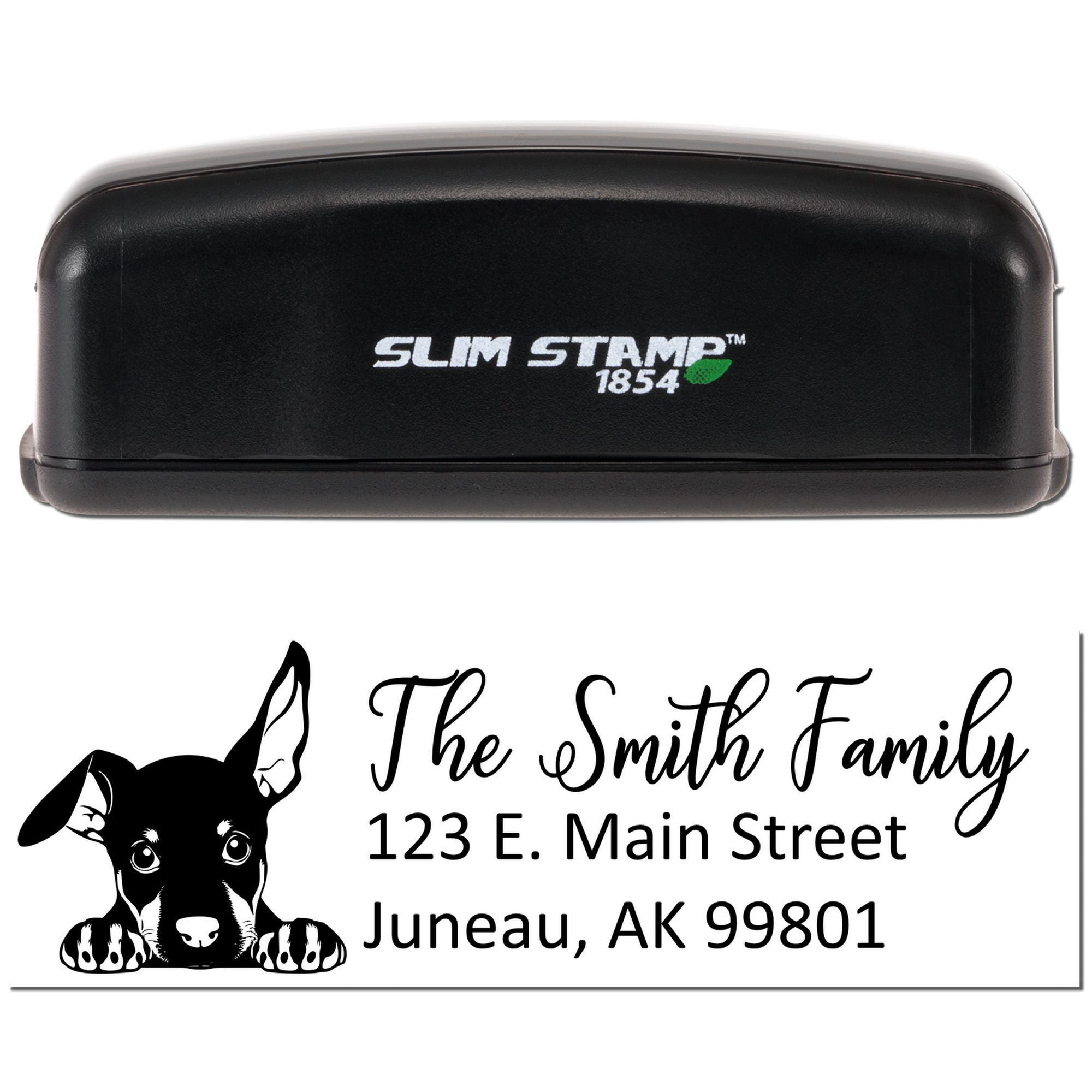 Slim Stamp 1854 personalized self-inking return address rubber stamp with custom dog design for The Smith Family, Juneau, AK