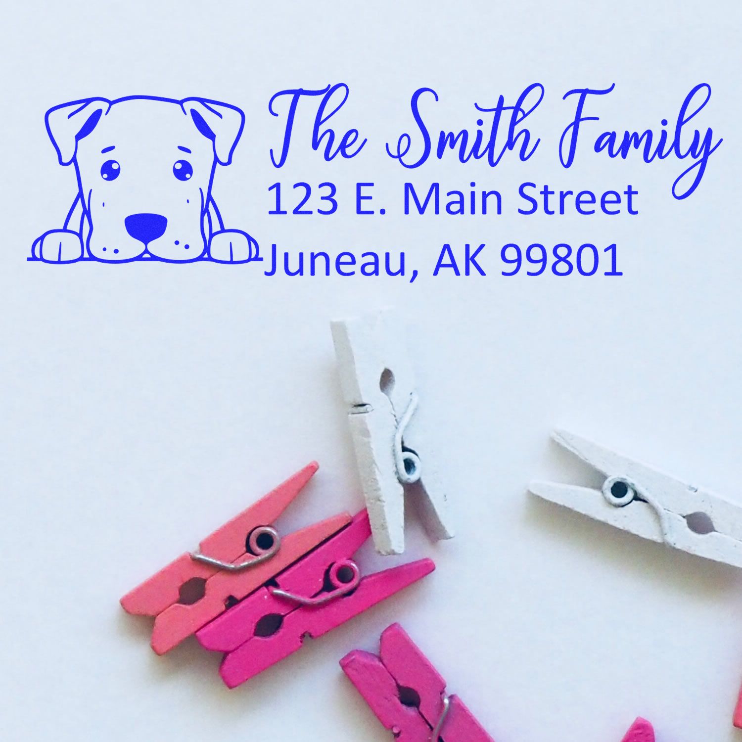 Custom dog return address rubber stamp for The Smith Family, Juneau, AK, ideal for envelopes and stationery