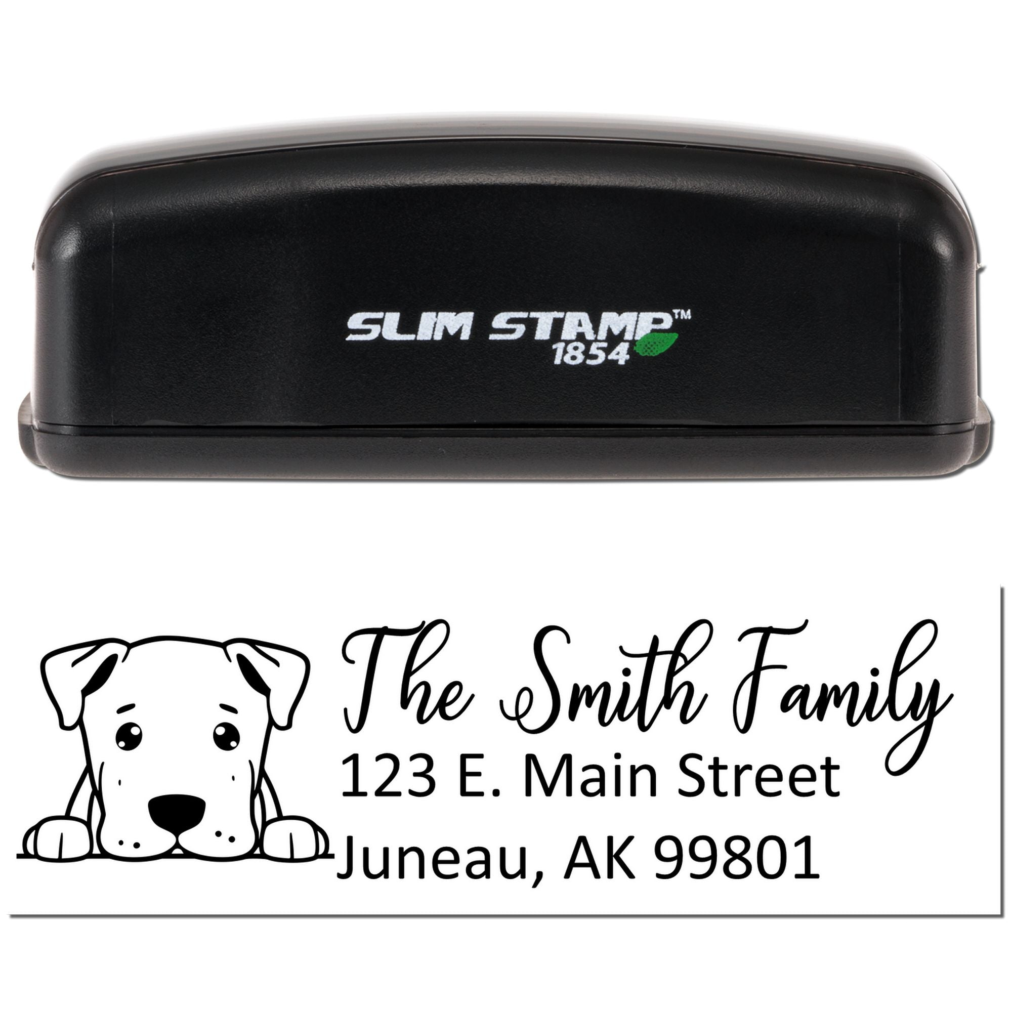 Custom self-inking address rubber stamp with dog icon for The Smith Family, Juneau, AK 99801; Slim Stamp 1854.
