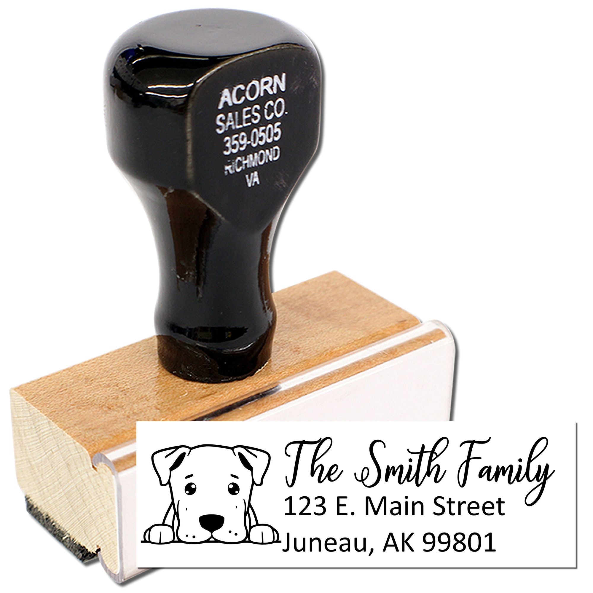 Personalized dog return address rubber stamp with wood handle, showing The Smith Family and Juneau, AK mailing details.