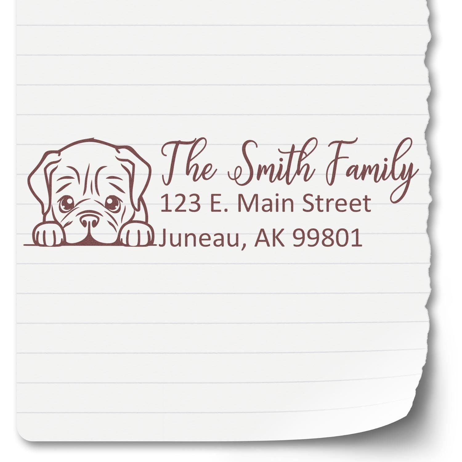 Personalized dog address rubber stamp for The Smith Family, 123 E. Main Street, Juneau, AK 99801.