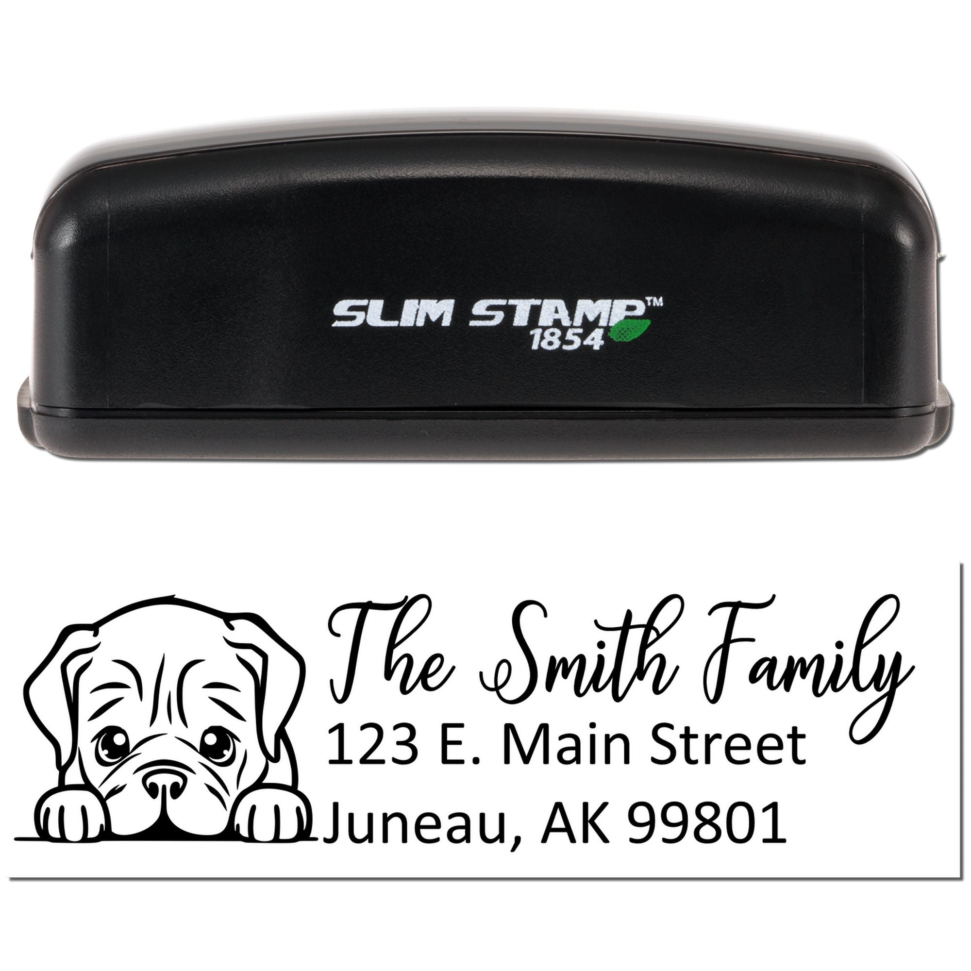Personalized self-inking rubber stamp with dog design and return address for The Smith Family, Juneau, AK.
