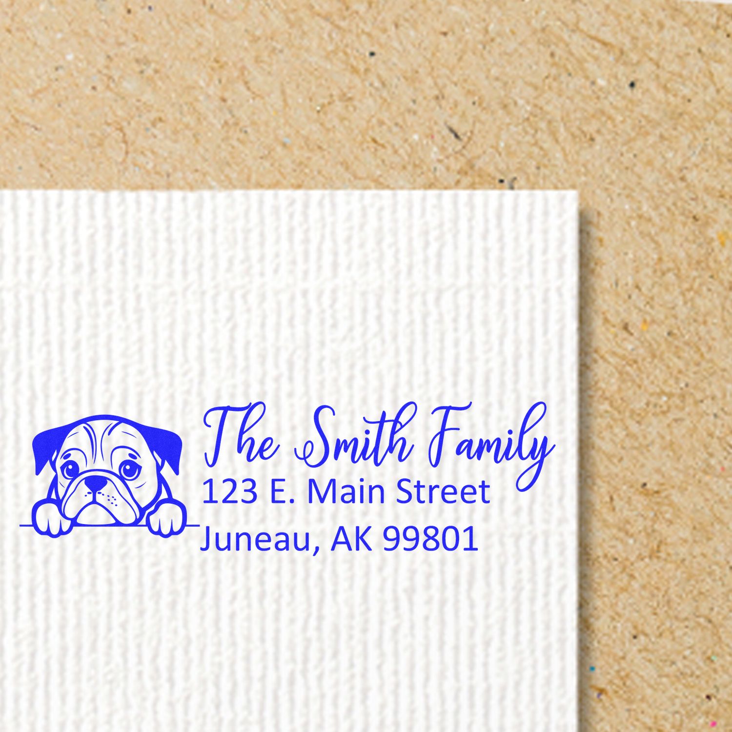 Custom dog return address rubber stamp for The Smith Family, featuring name and Juneau, AK mailing address.