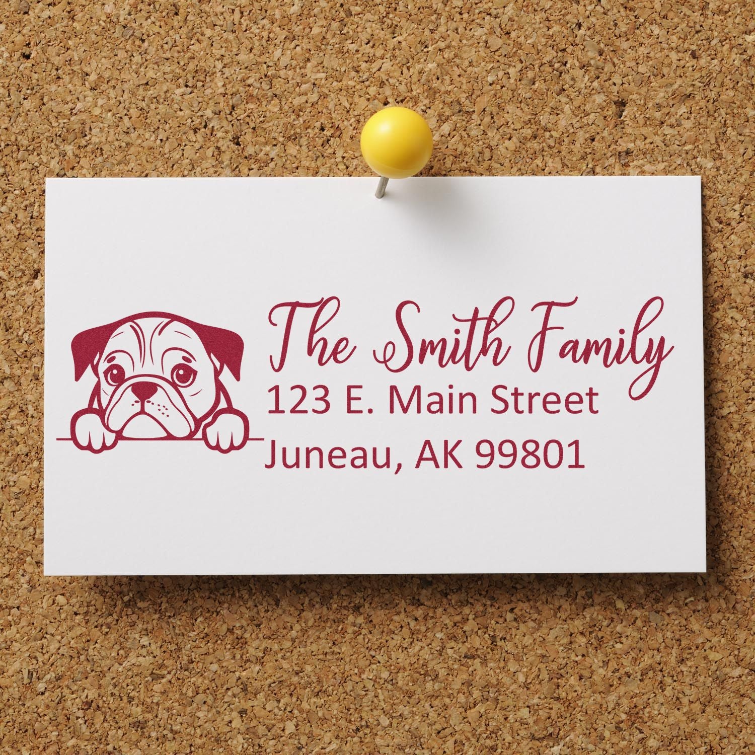 Custom rubber address stamp with bulldog design, The Smith Family return address, 123 E. Main Street, Juneau, AK 99801.