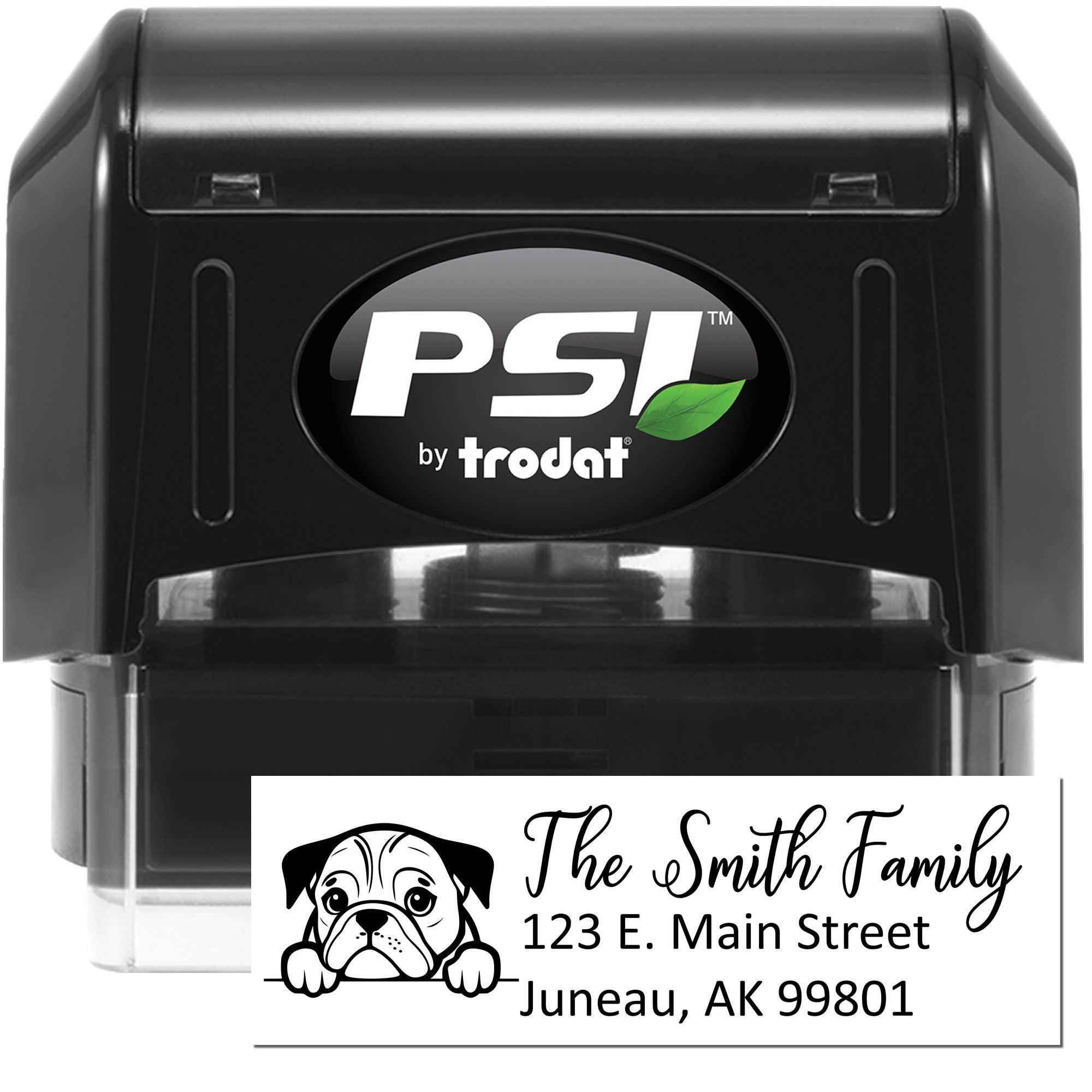 PSI by Trodat self-inking rubber stamp with custom dog family address stamp design for personalized mailing.
