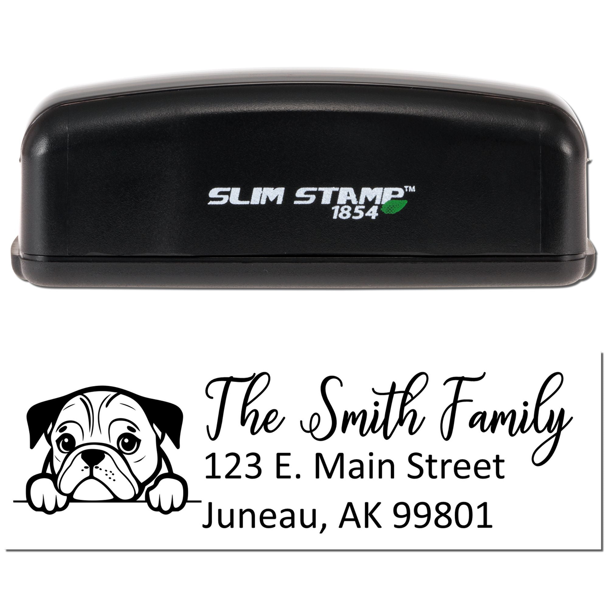 Slim Stamp 1854 custom self-inking address rubber stamp with bulldog and The Smith Family mailing address