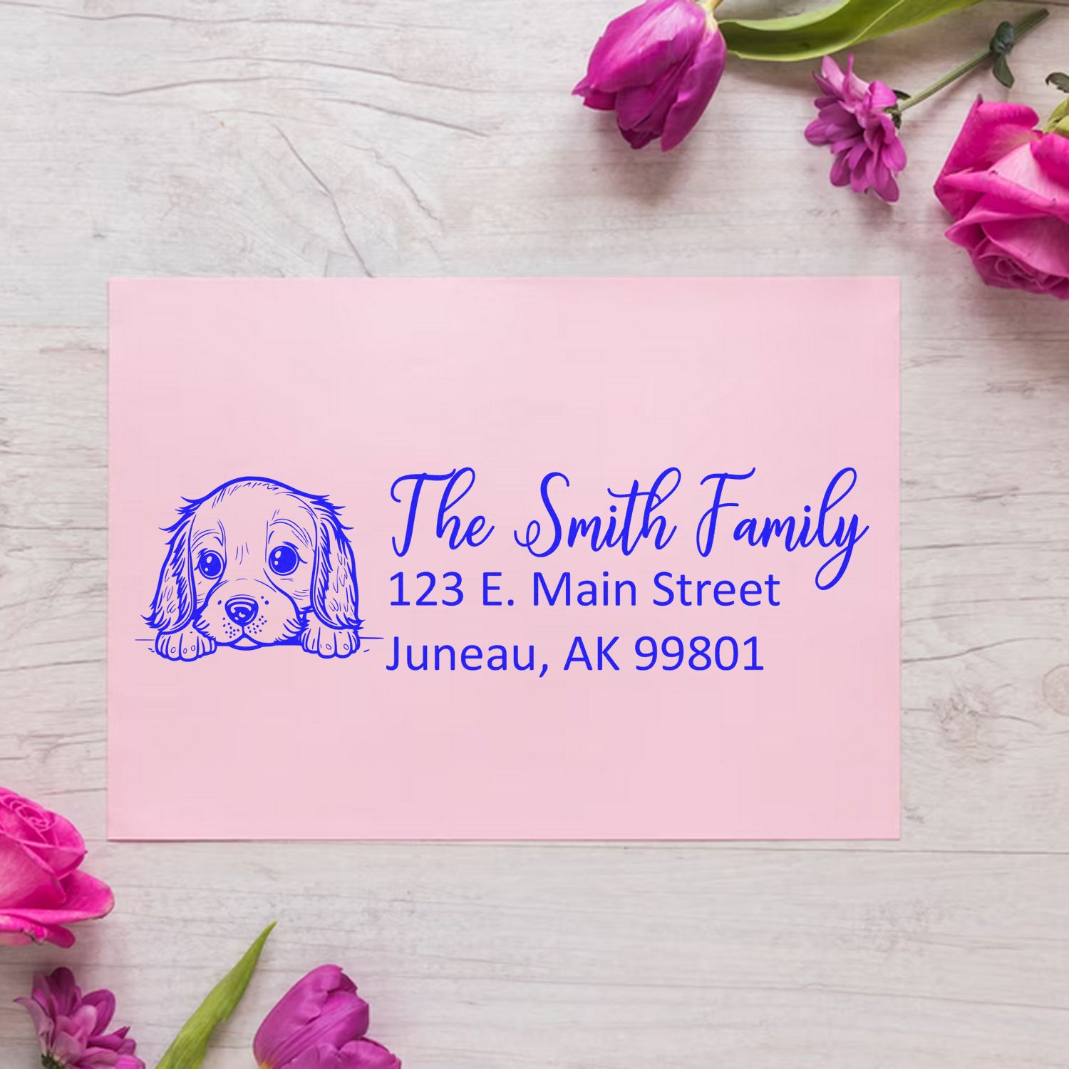 Personalized dog address rubber stamp with The Smith Family name and Juneau, AK return address.