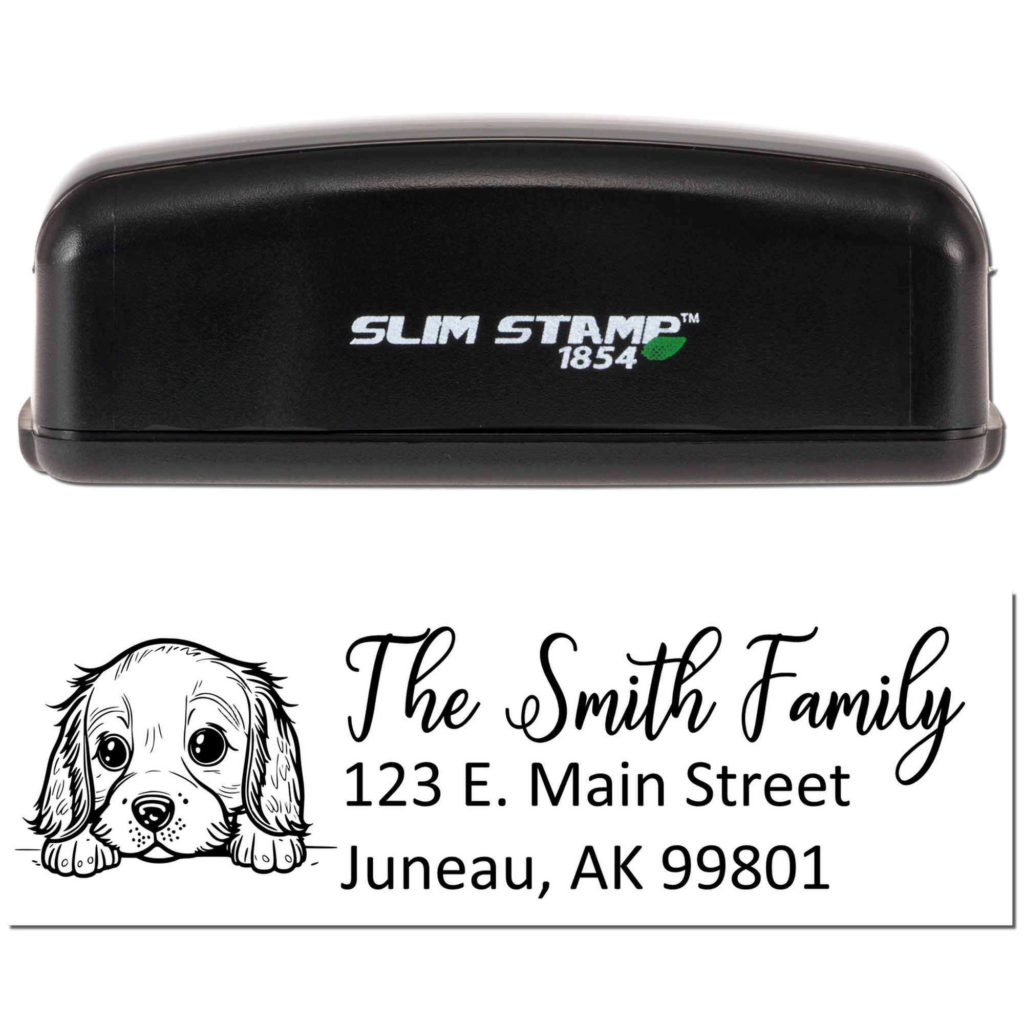 Slim Stamp 1854 personalized address rubber stamp with dog illustration, custom family name, and return address imprint.