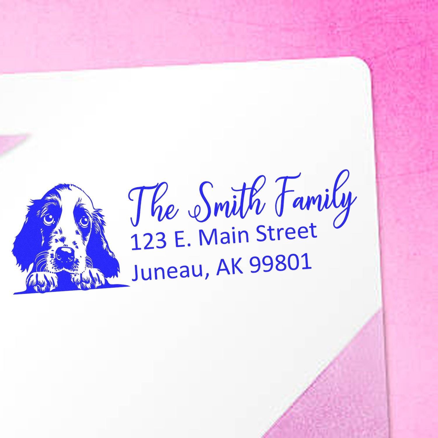 Custom dog return address rubber stamp for The Smith Family, 123 E. Main Street, Juneau, AK 99801