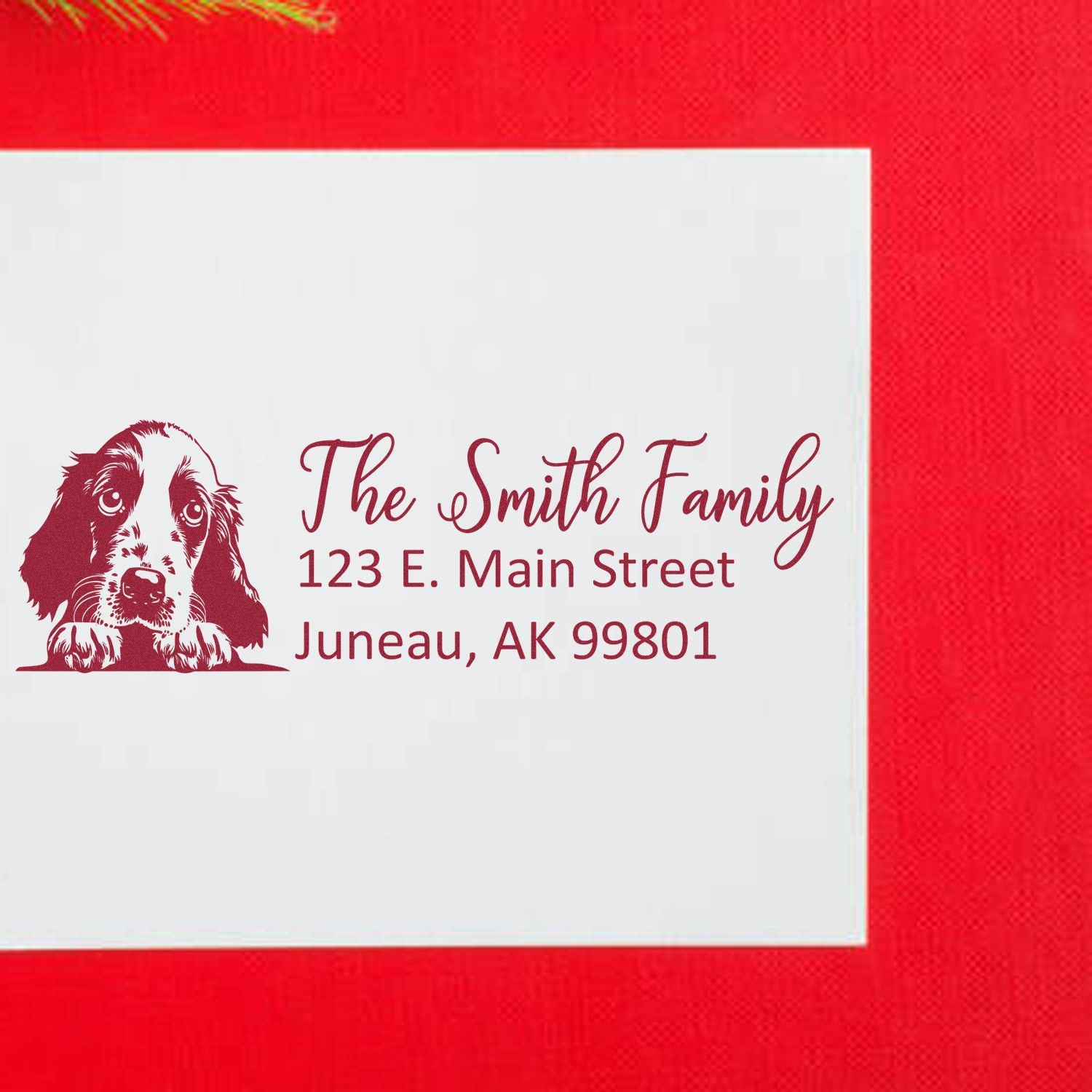 Custom dog address rubber stamp with The Smith Family return address, Juneau, AK 99801.