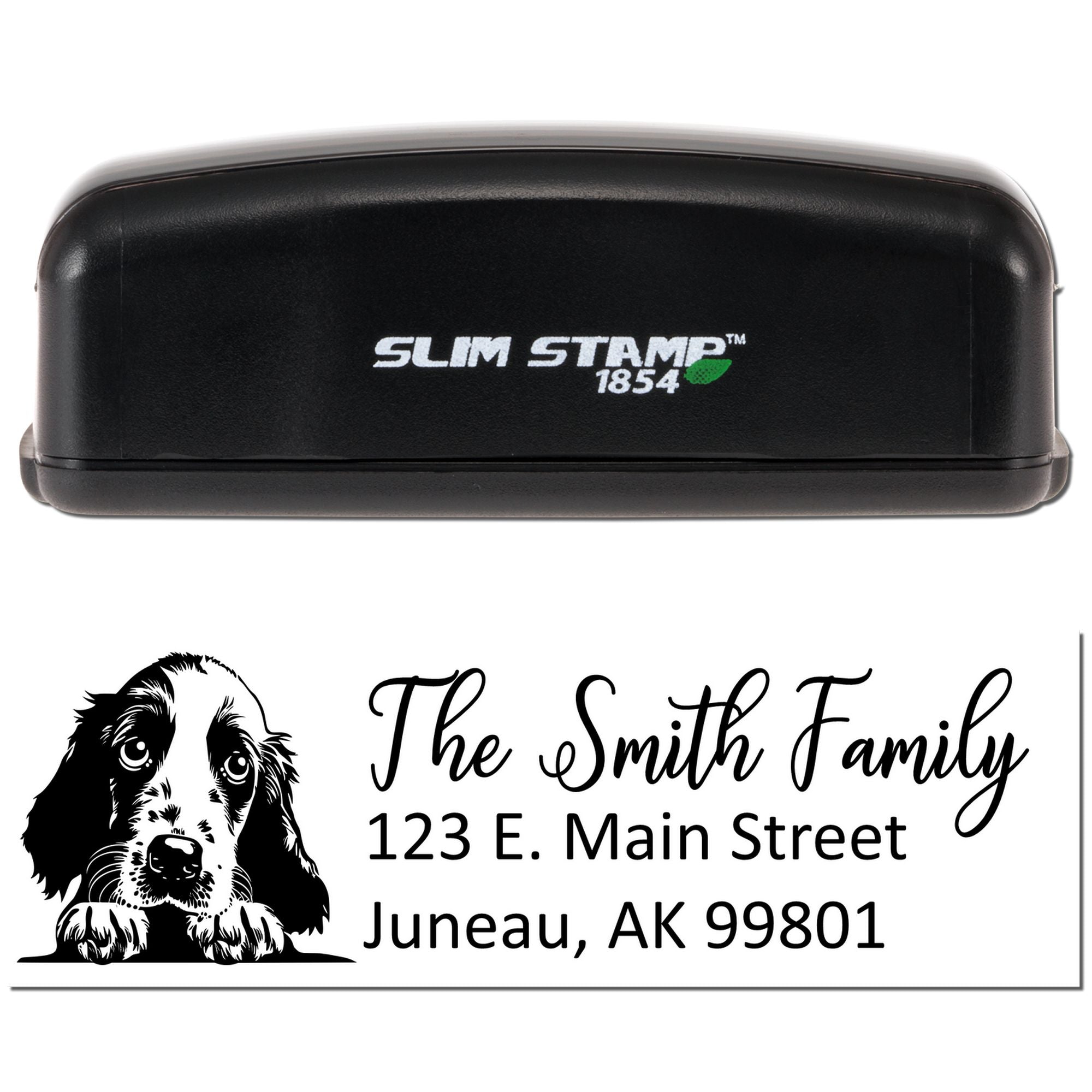 Slim Stamp 1854 custom rubber return address stamp with dog illustration, The Smith Family, Juneau, AK.