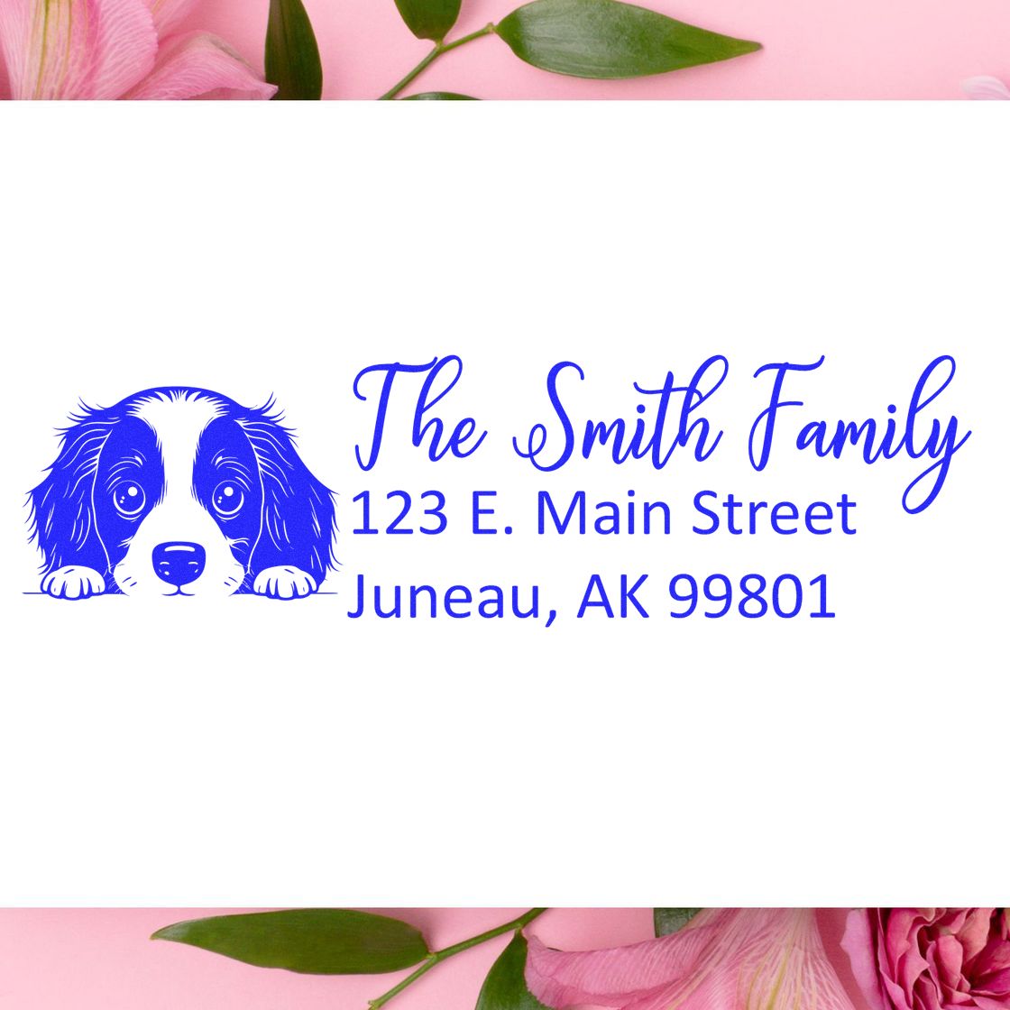 Personalized return address rubber stamp with dog illustration for The Smith Family, 123 E. Main Street, Juneau, AK 99801
