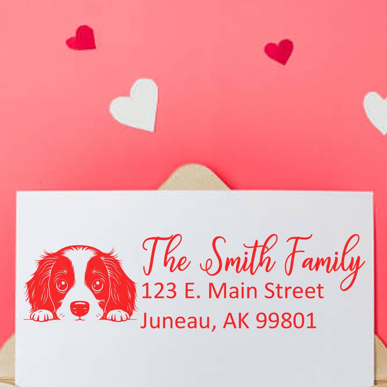 Personalized return address rubber stamp with dog design for The Smith Family, 123 E. Main Street, Juneau, AK 99801.