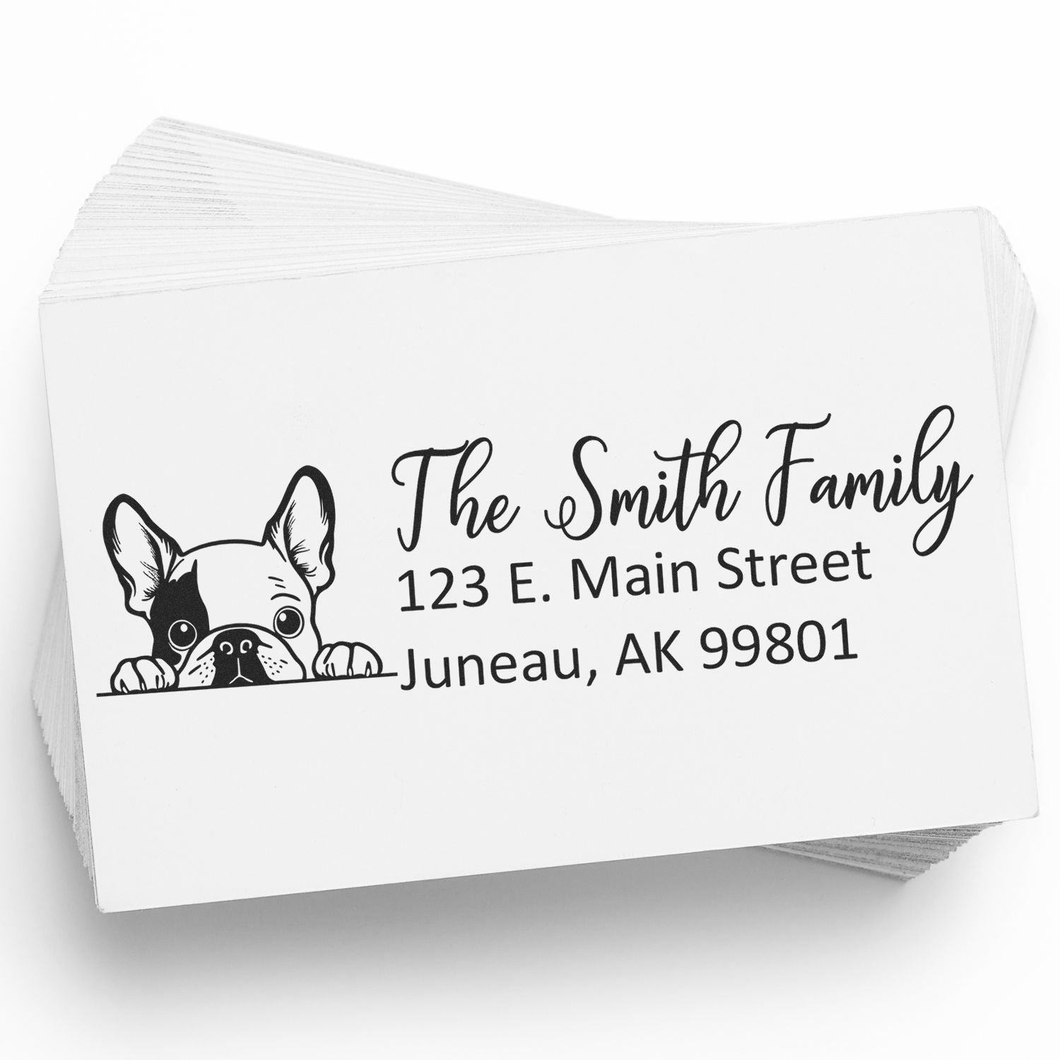 Custom family address rubber stamp with French bulldog design for personalized mailing labels and envelopes.