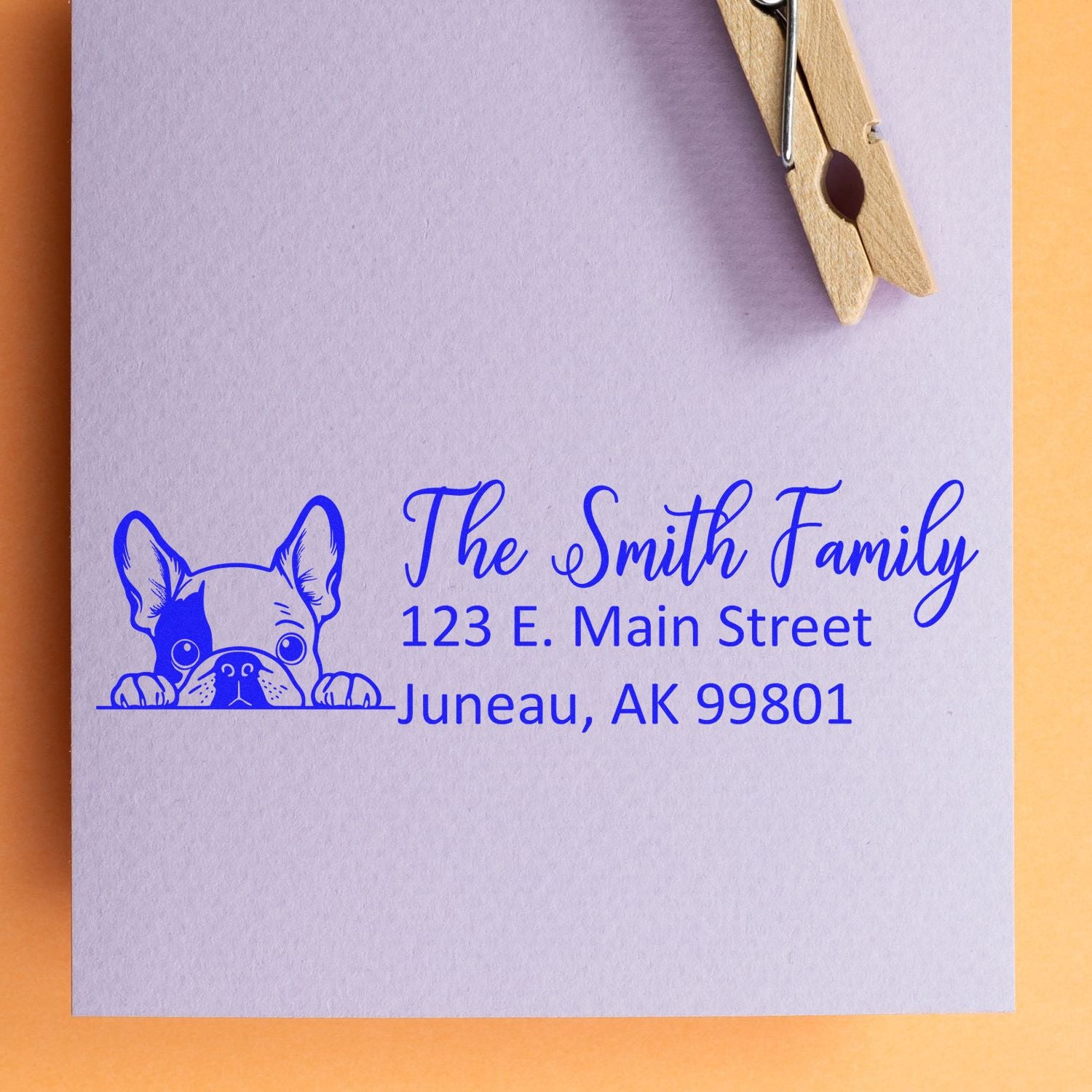 Custom rubber stamp with French bulldog return address design for The Smith Family, Juneau, AK.