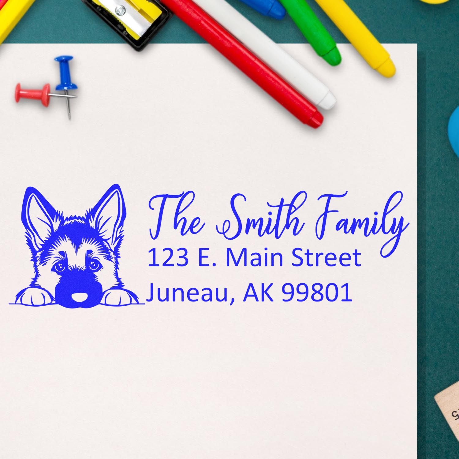 Personalized dog return address rubber stamp for The Smith Family, Juneau, AK 99801