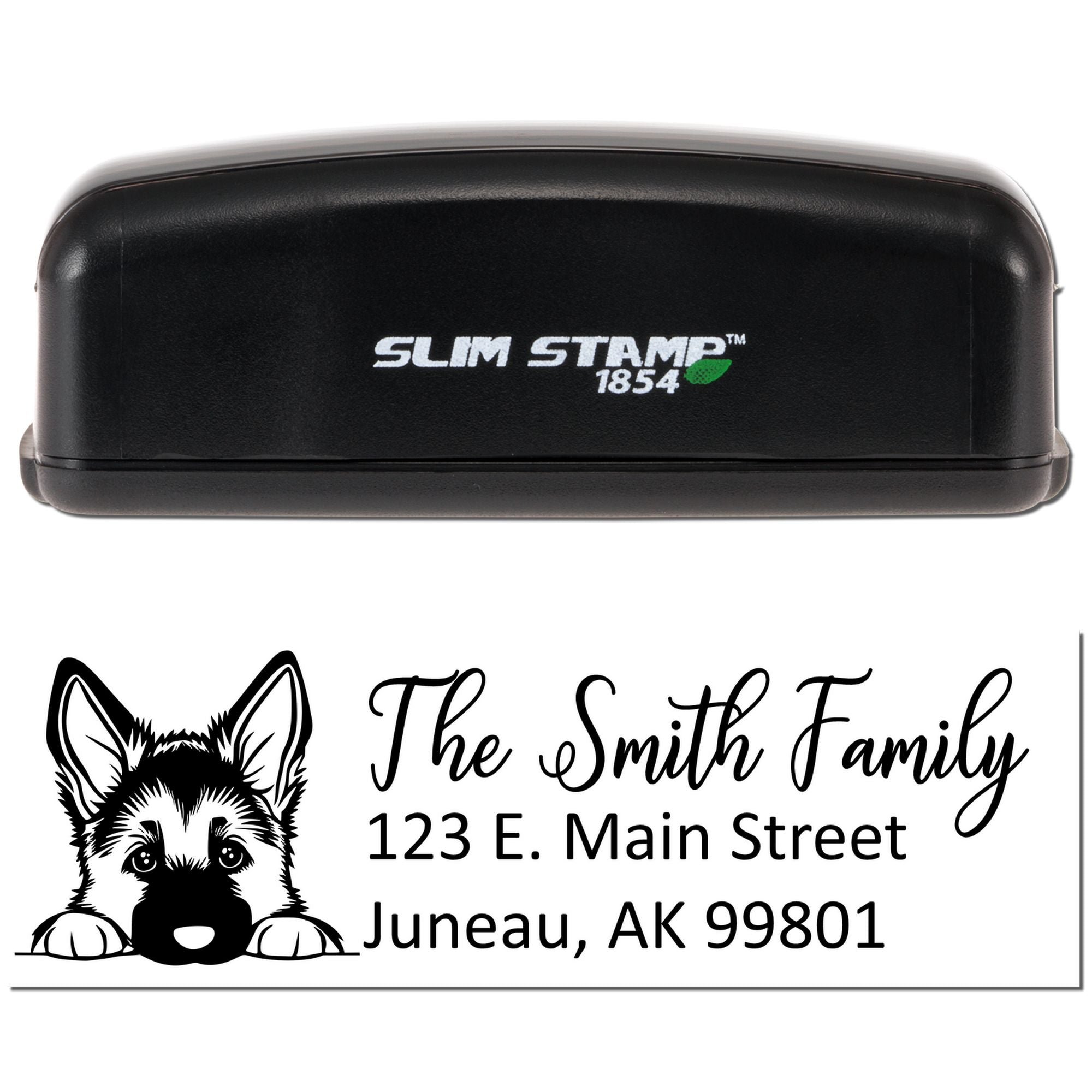 Custom Slim Stamp 1854 rubber address stamp with dog design for The Smith Family, Juneau, AK 99801