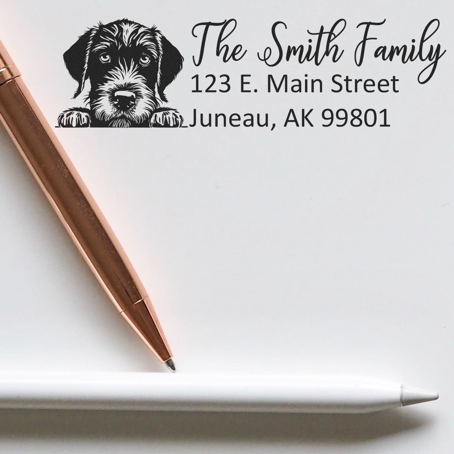 Personalized dog return address rubber stamp with family name and mailing address for envelopes