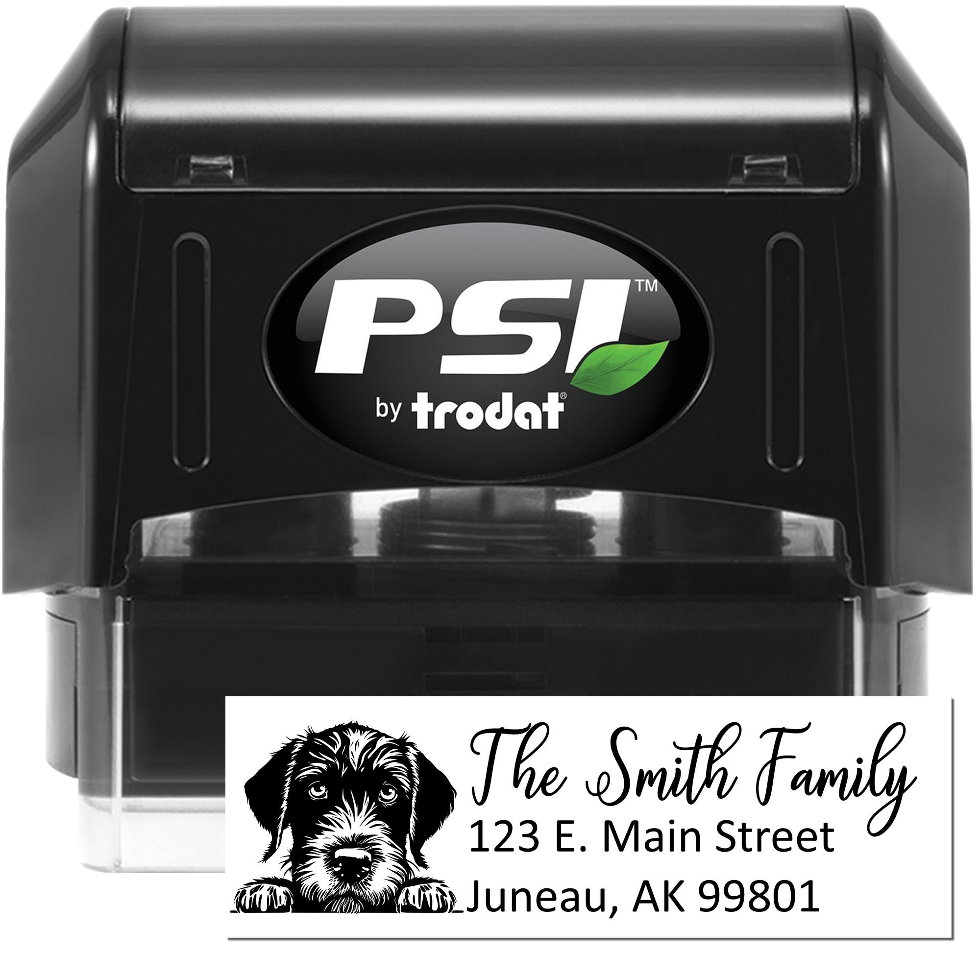 Custom PSI by Trodat self-inking address rubber stamp with dog portrait for The Smith Family, Juneau, AK