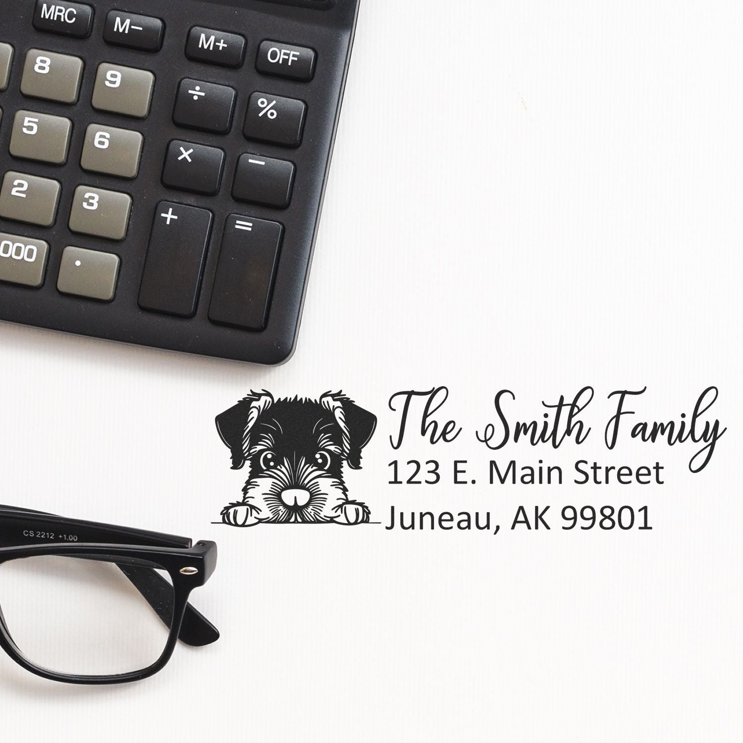 Personalized custom return address rubber stamp with dog design for The Smith Family, Juneau, AK 99801