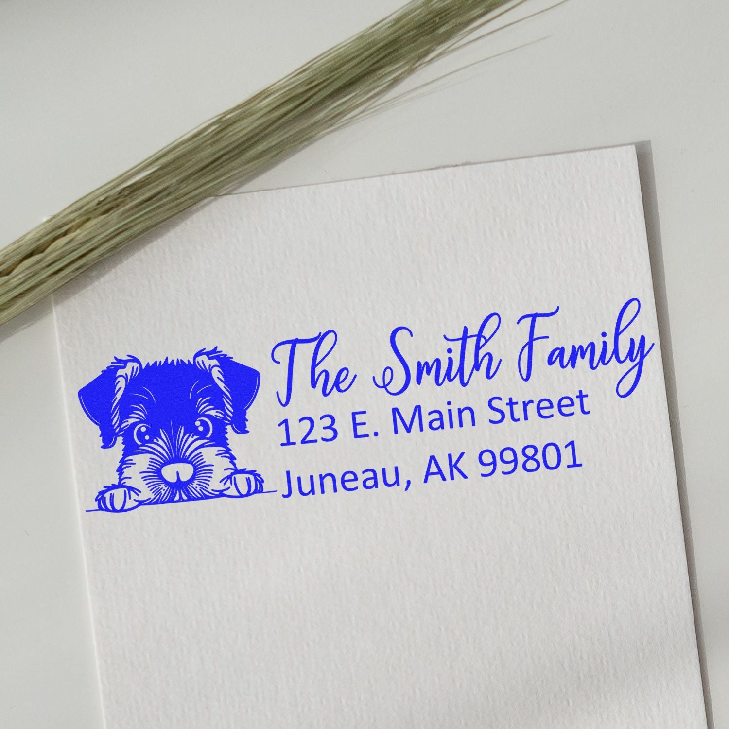 Custom dog return address rubber stamp for The Smith Family, Juneau, AK.