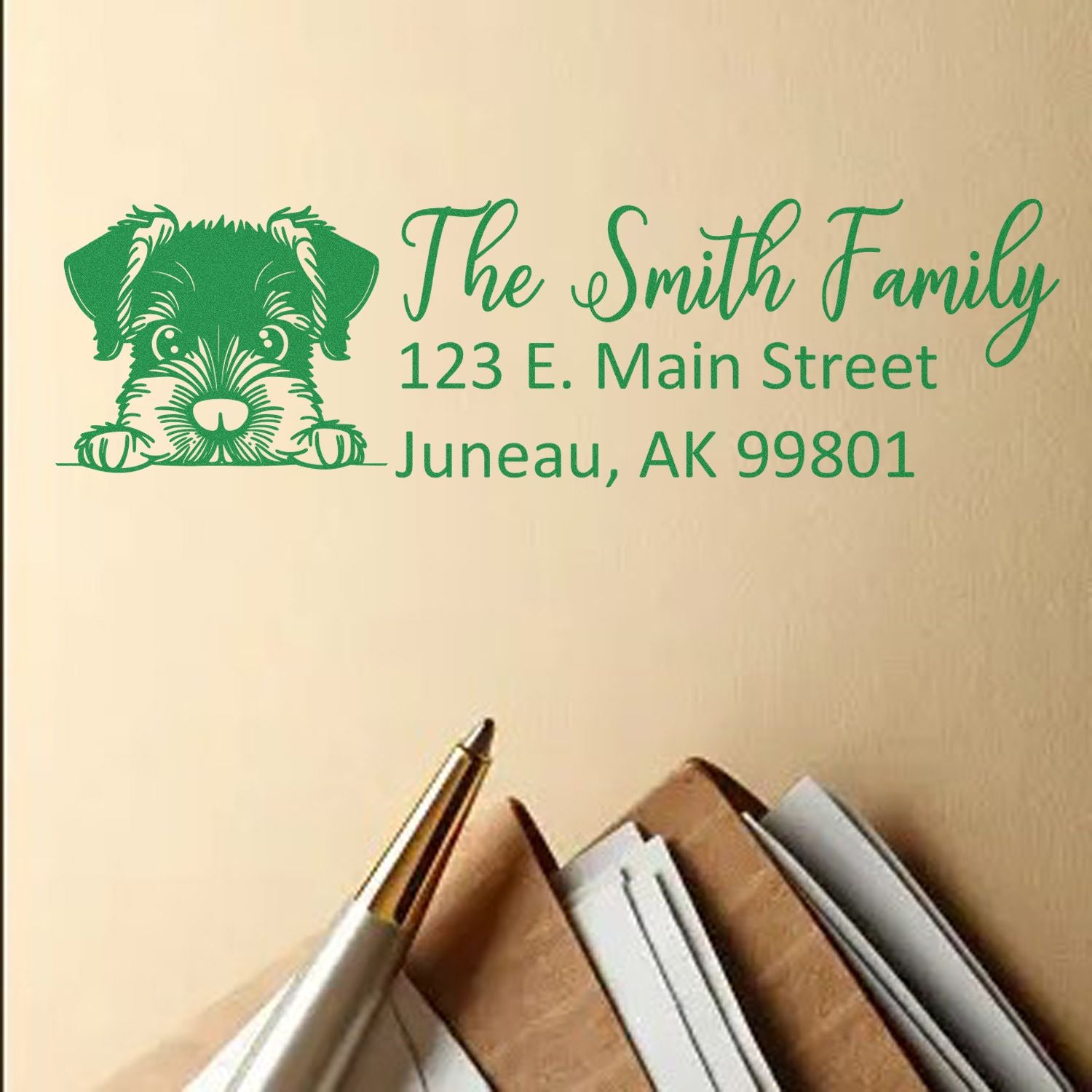Custom dog address rubber stamp with The Smith Family address for mailing envelopes, Juneau, AK 99801