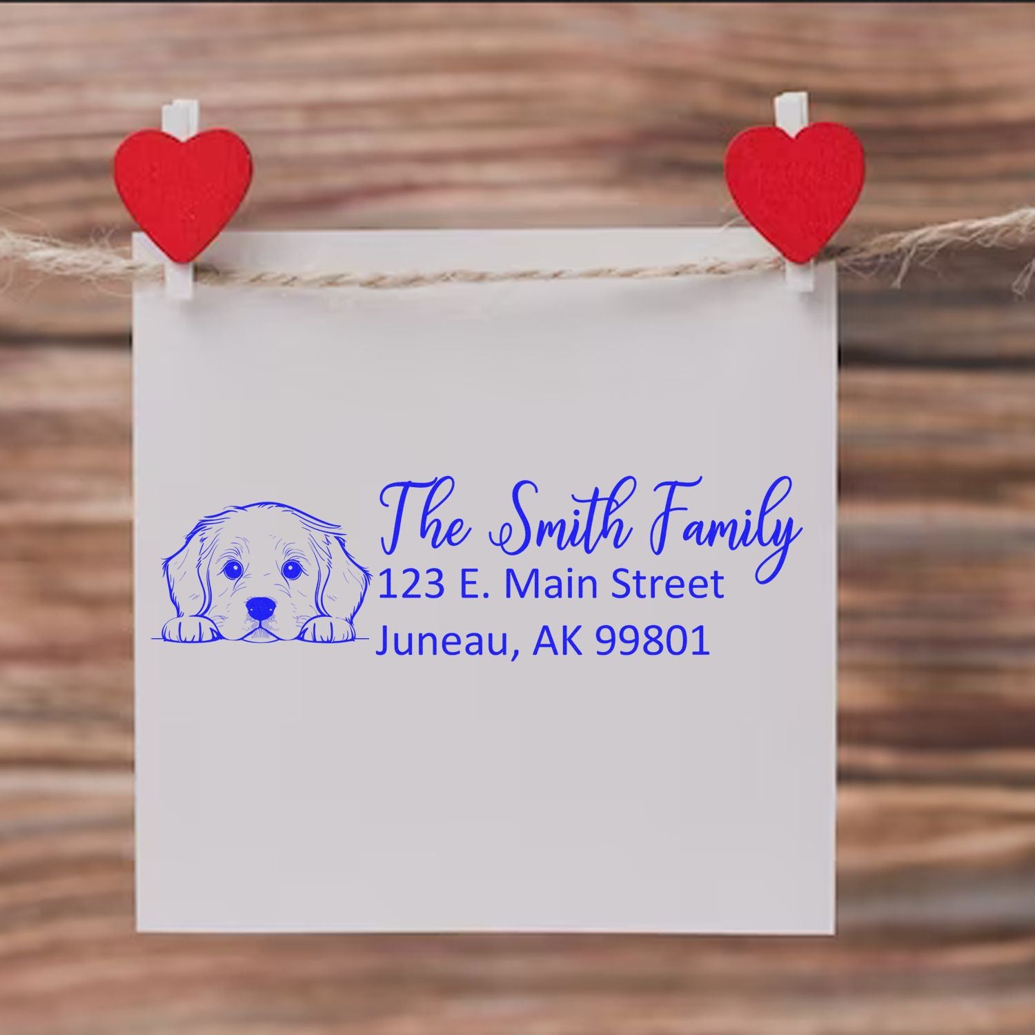 Custom dog return address rubber stamp with family name and address, ideal for personalized mailing and pet-loving homes.