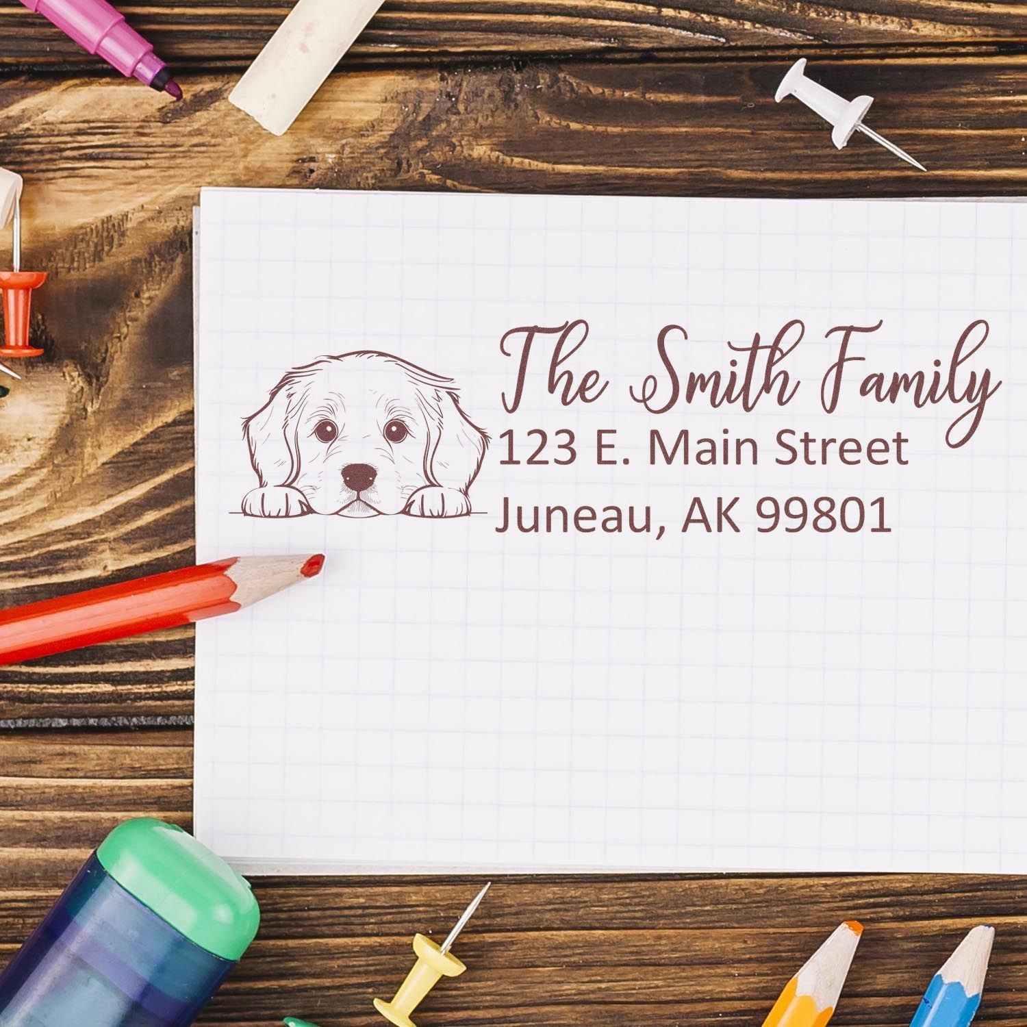 Custom return address rubber stamp with dog illustration for personalized family mail and stationery