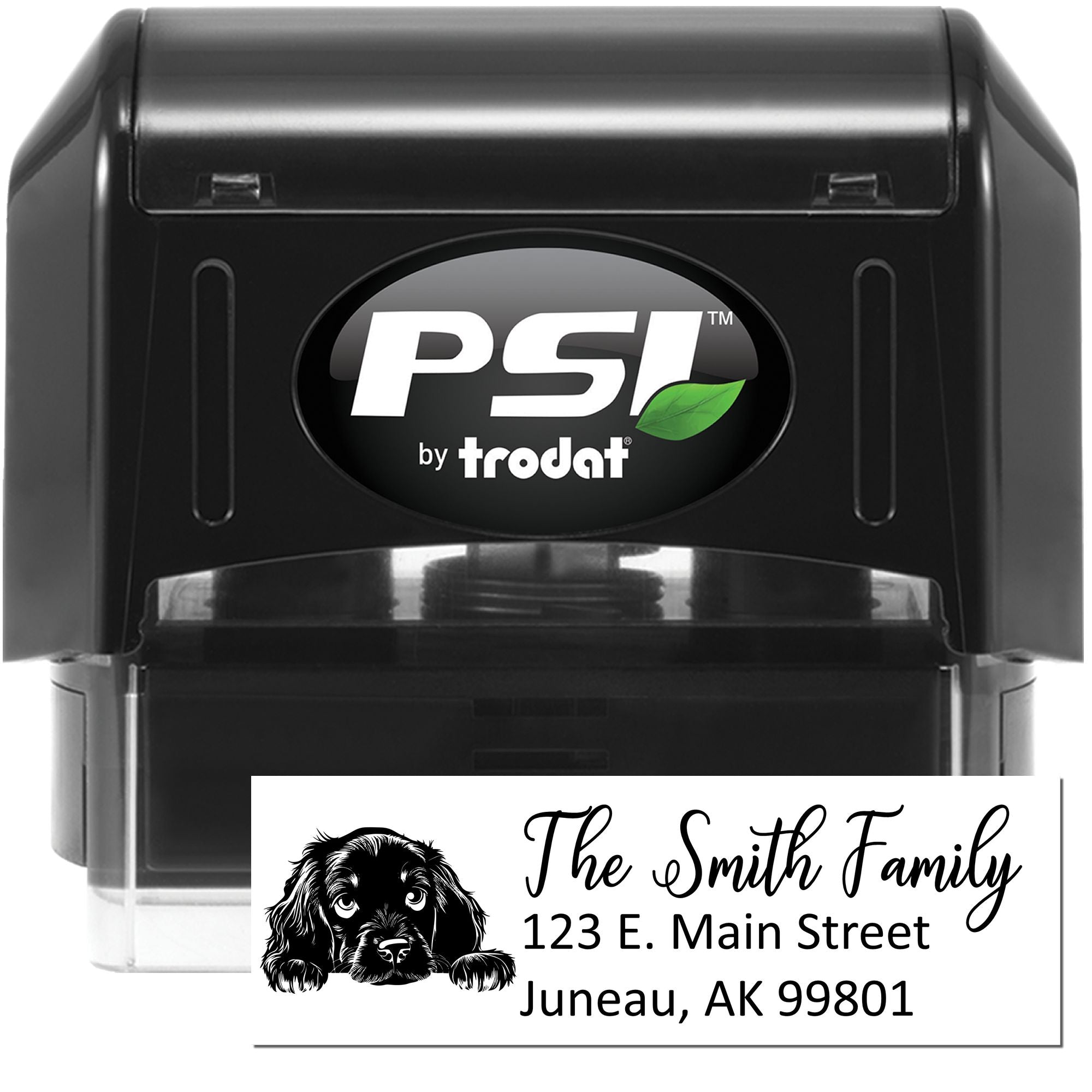 PSI by Trodat self-inking custom return address rubber stamp with dog design and family name