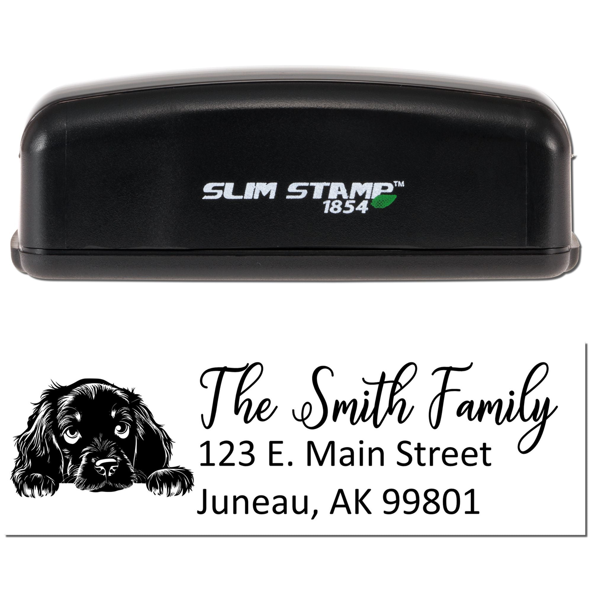 Custom dog family address rubber stamp with Slim Stamp 1854 self-inking stamp for personalized return mail and envelopes.