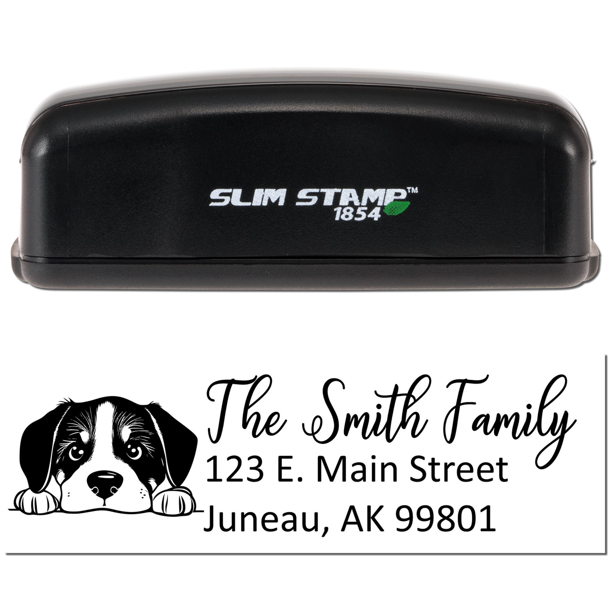 Self-inking custom return address rubber stamp with dog design, Slim Stamp 1854, for The Smith Family in Juneau, AK.