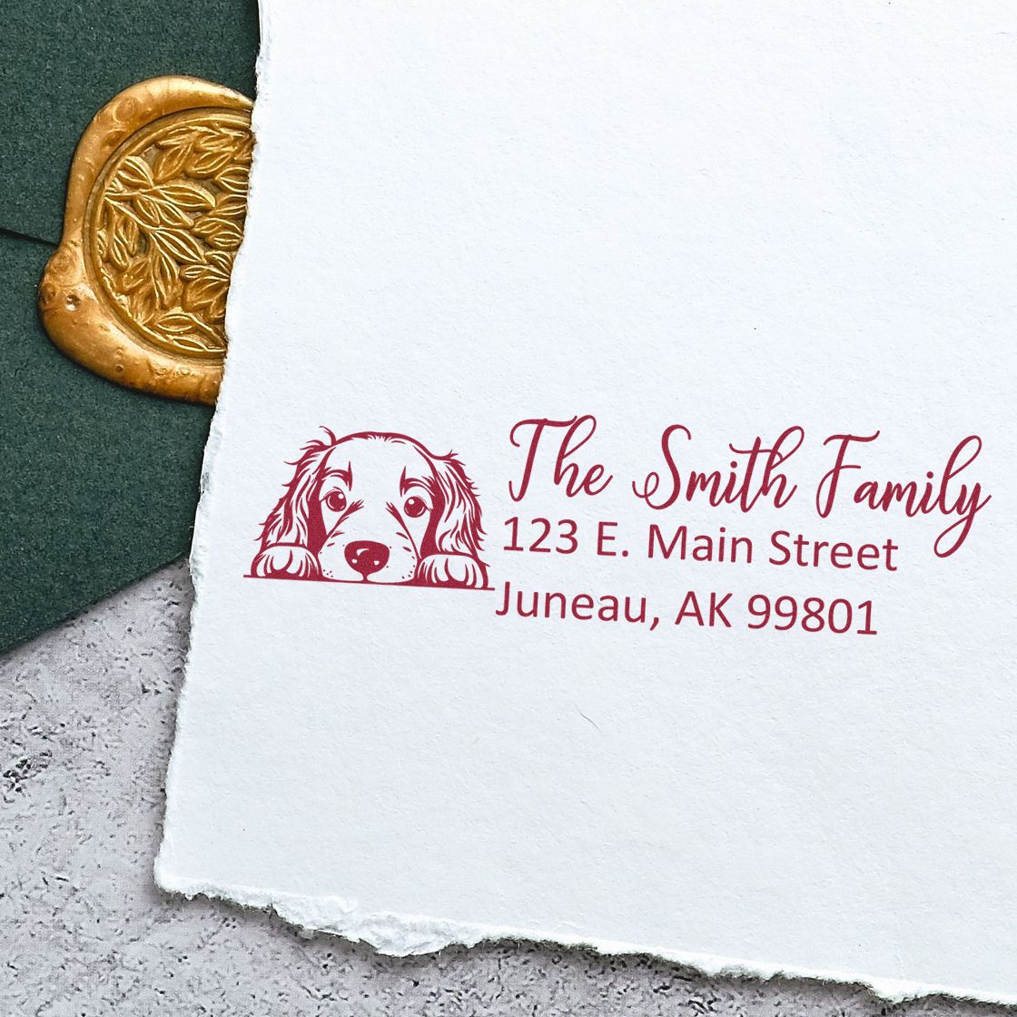 Custom family return address rubber stamp with dog illustration, The Smith Family, 123 E. Main Street, Juneau, AK 99801.