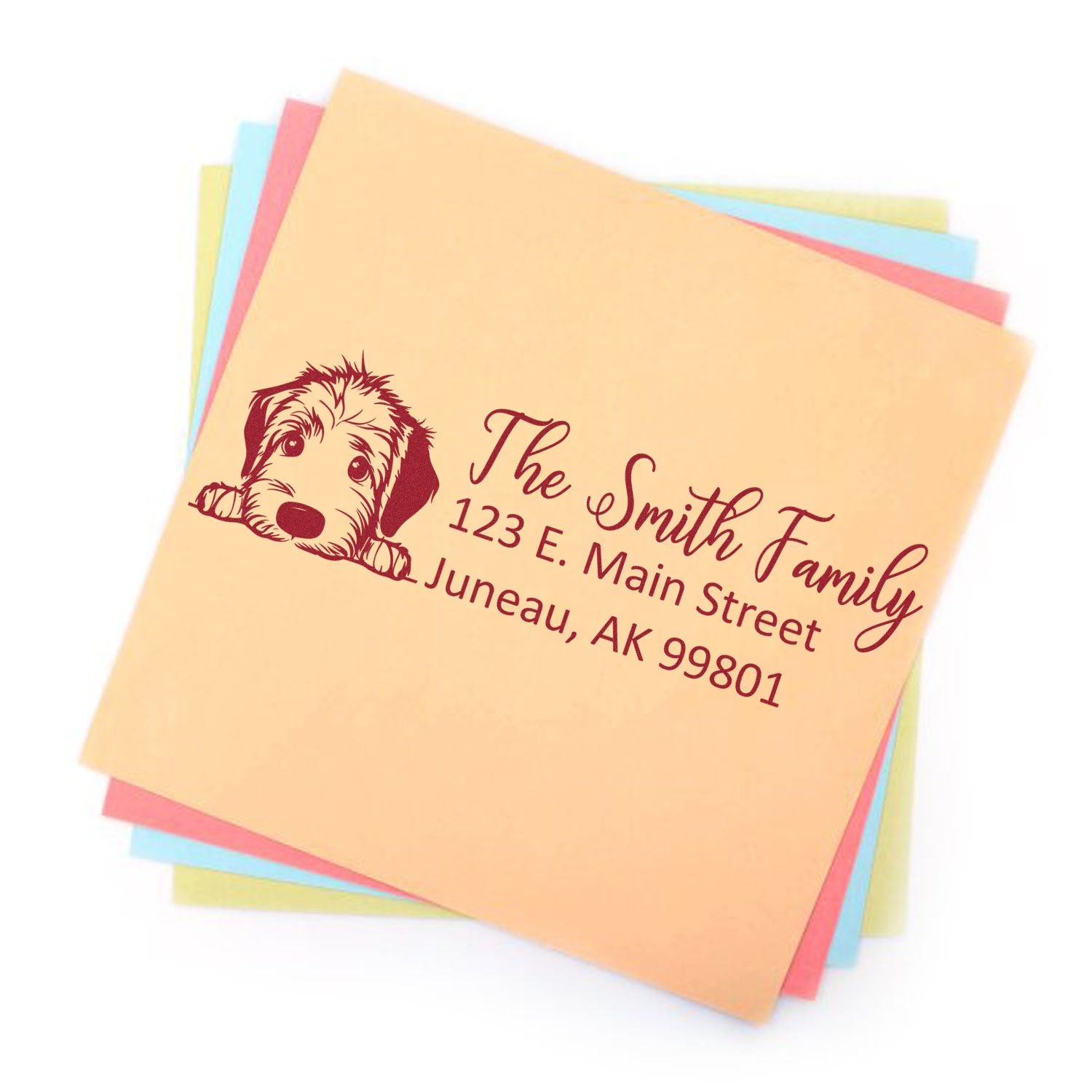 Personalized dog return address rubber stamp for mailing envelopes, featuring family name and address.