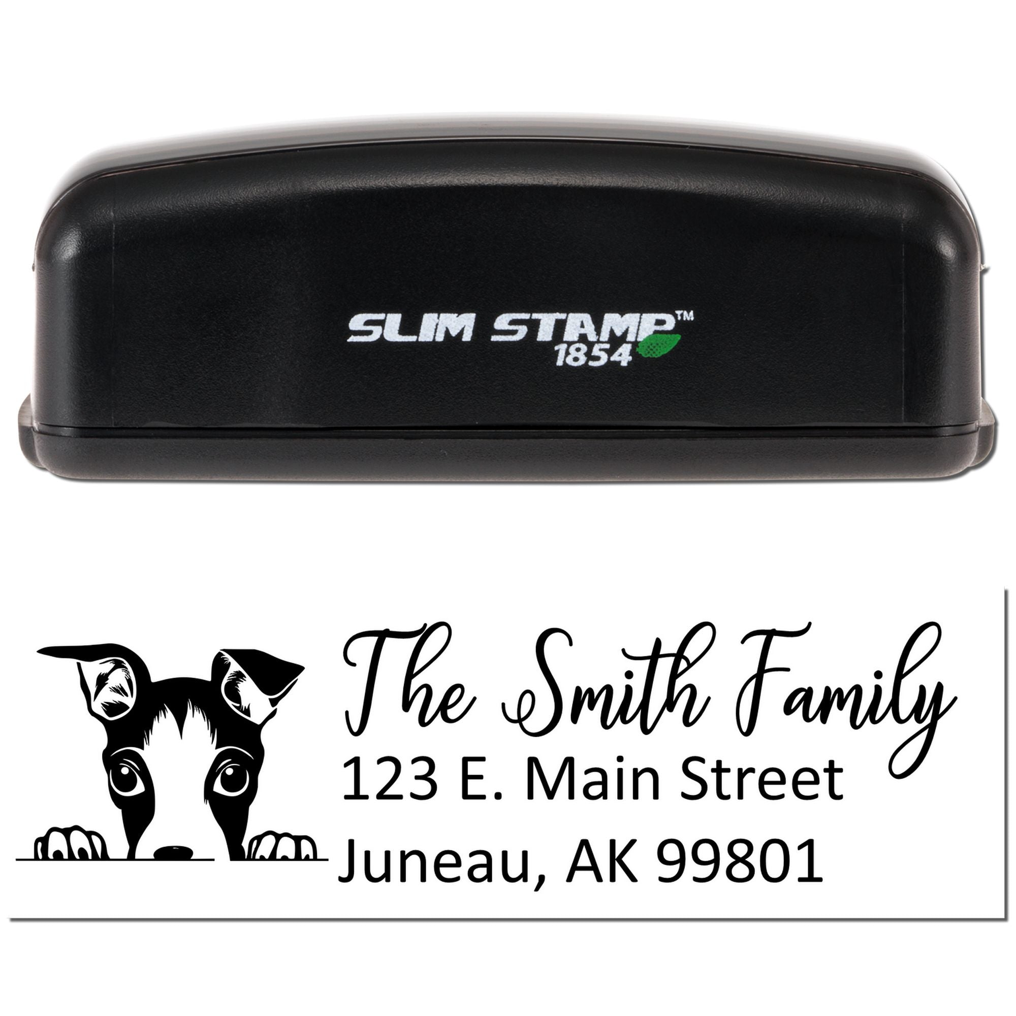 Slim Stamp custom self-inking rubber stamp with dog portrait and The Smith Family return address, Juneau, AK 99801