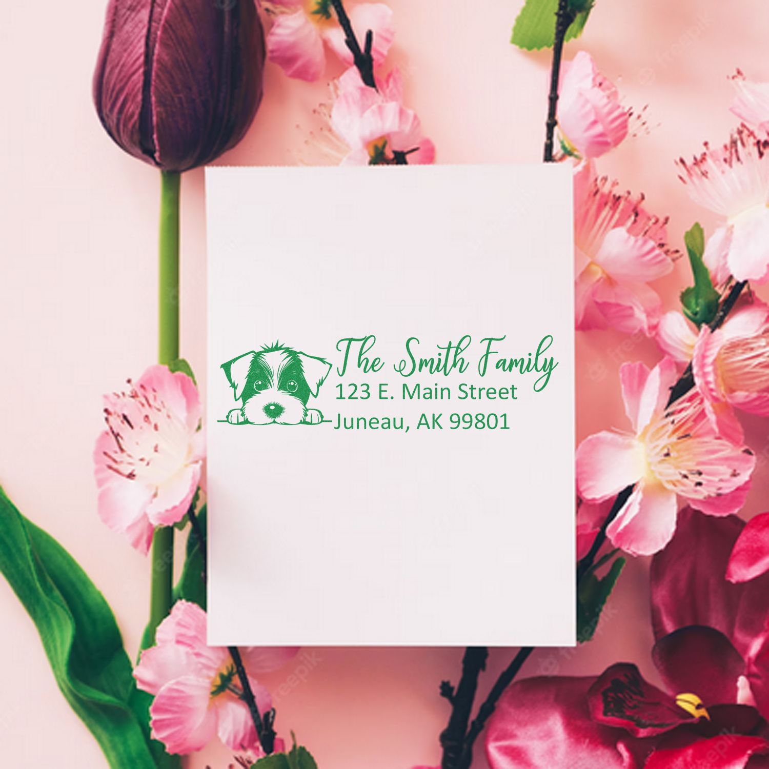 Personalized family return address rubber stamp with dog icon, The Smith Family, Juneau, AK.
